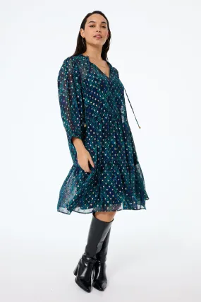 Midnight with Teal Snake Print Foil Chiffon Tiered Short Dress Chill Vibes
