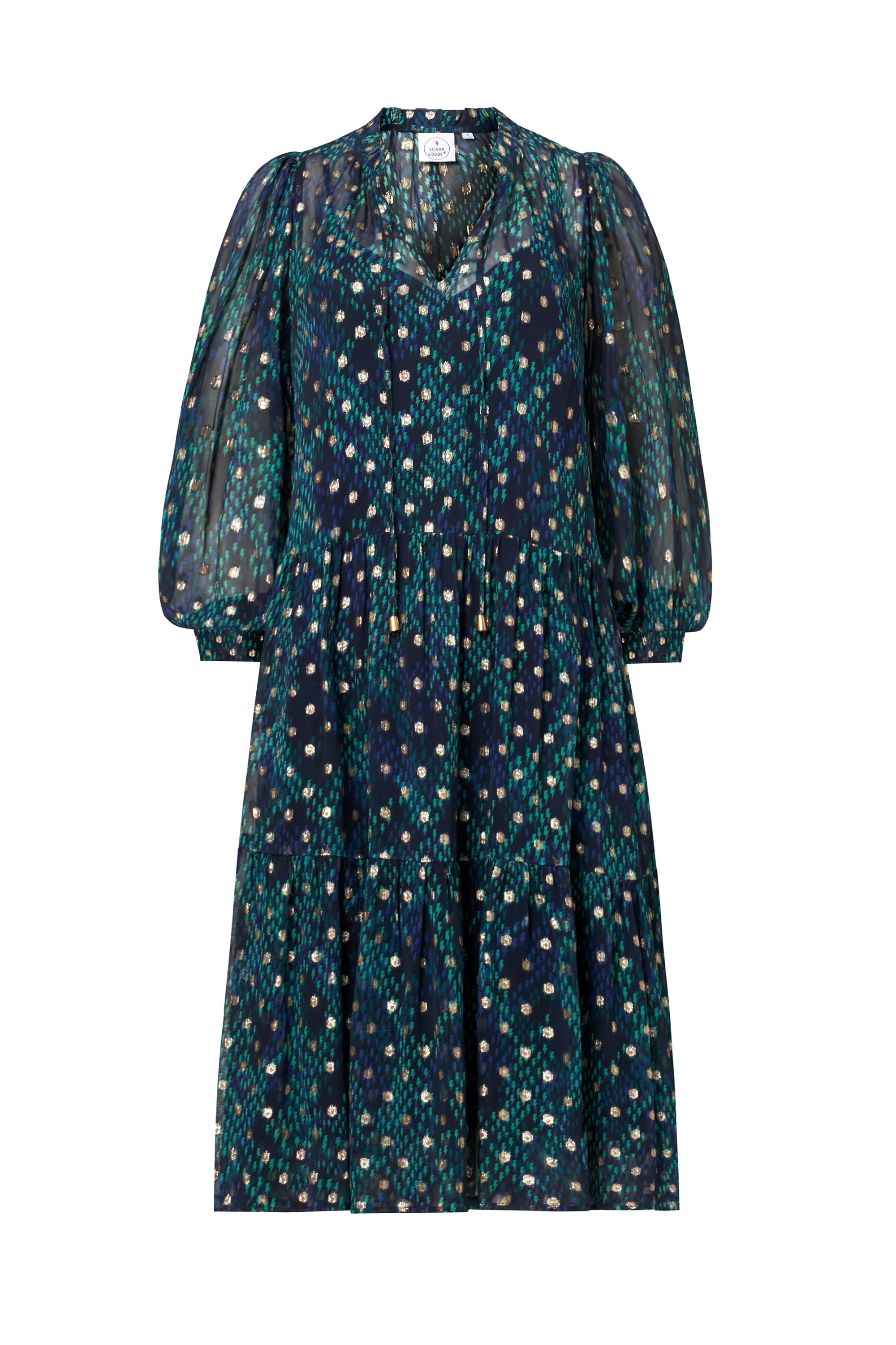 Side Pleats Versatile Layer Wear Midnight with Teal Snake Print Foil Chiffon Tiered Short Dress