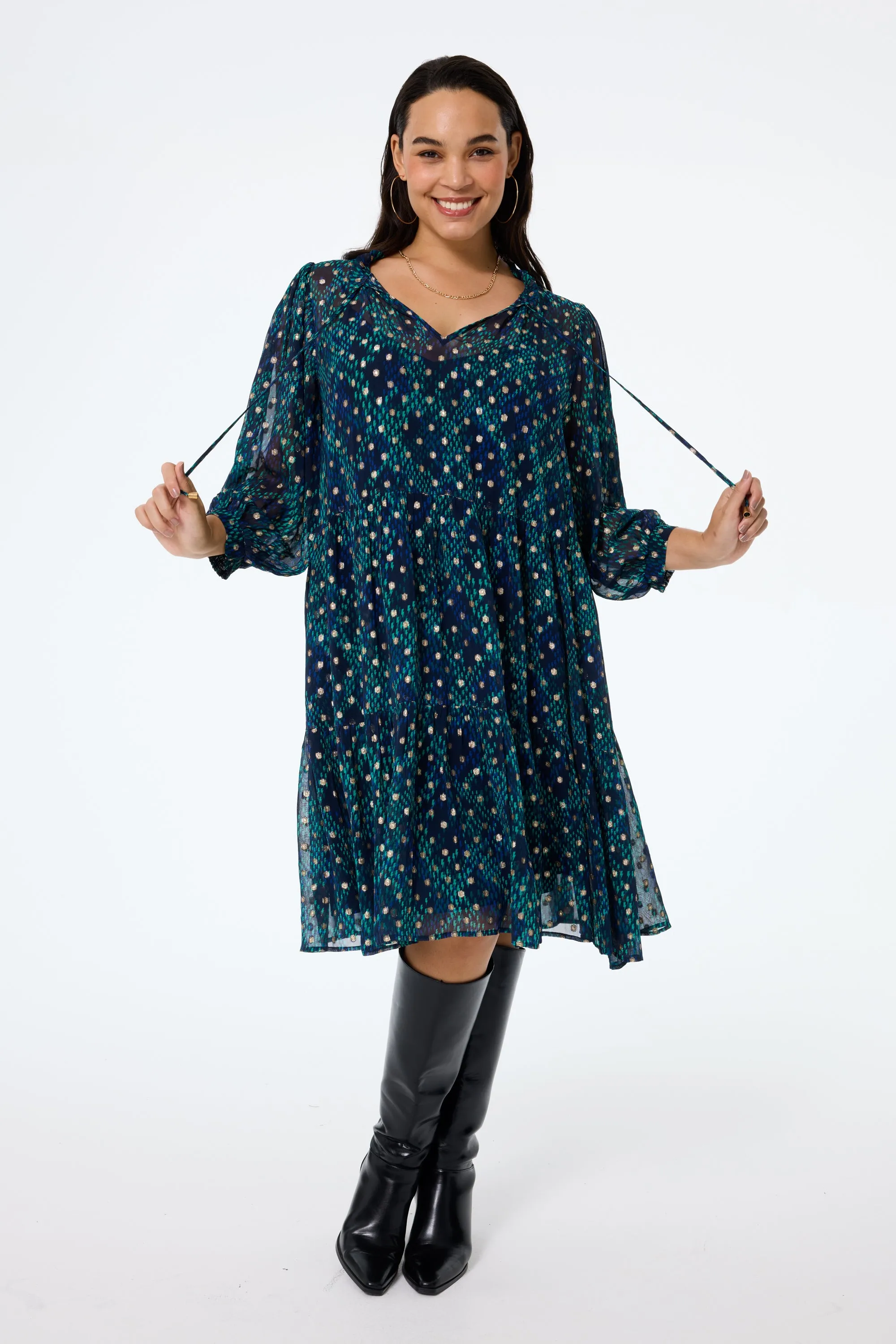 Midnight with Teal Snake Print Foil Chiffon Tiered Short Dress Relaxed Waist Fit Soft Touch