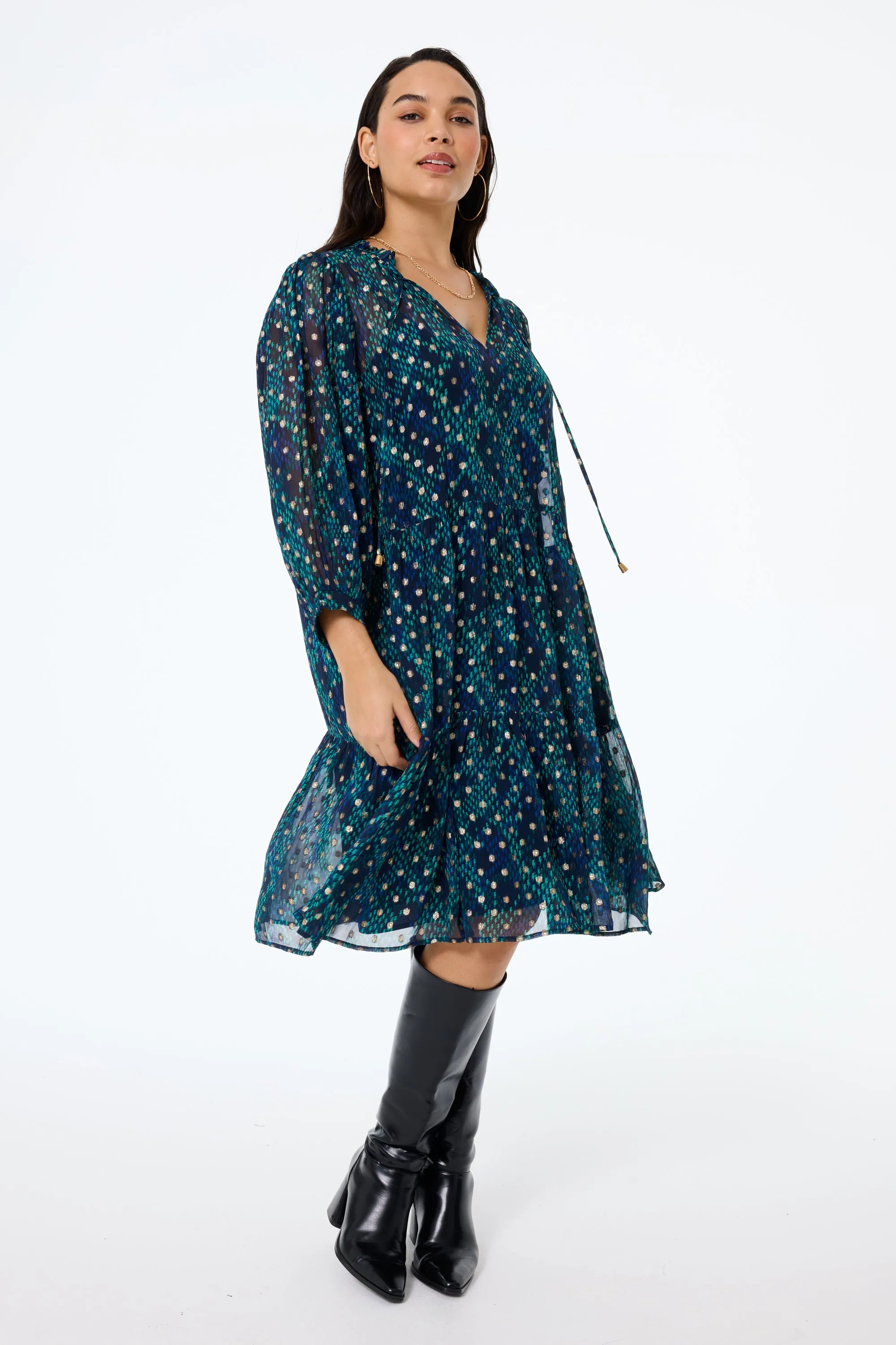 Midnight with Teal Snake Print Foil Chiffon Tiered Short Dress Chill Vibes