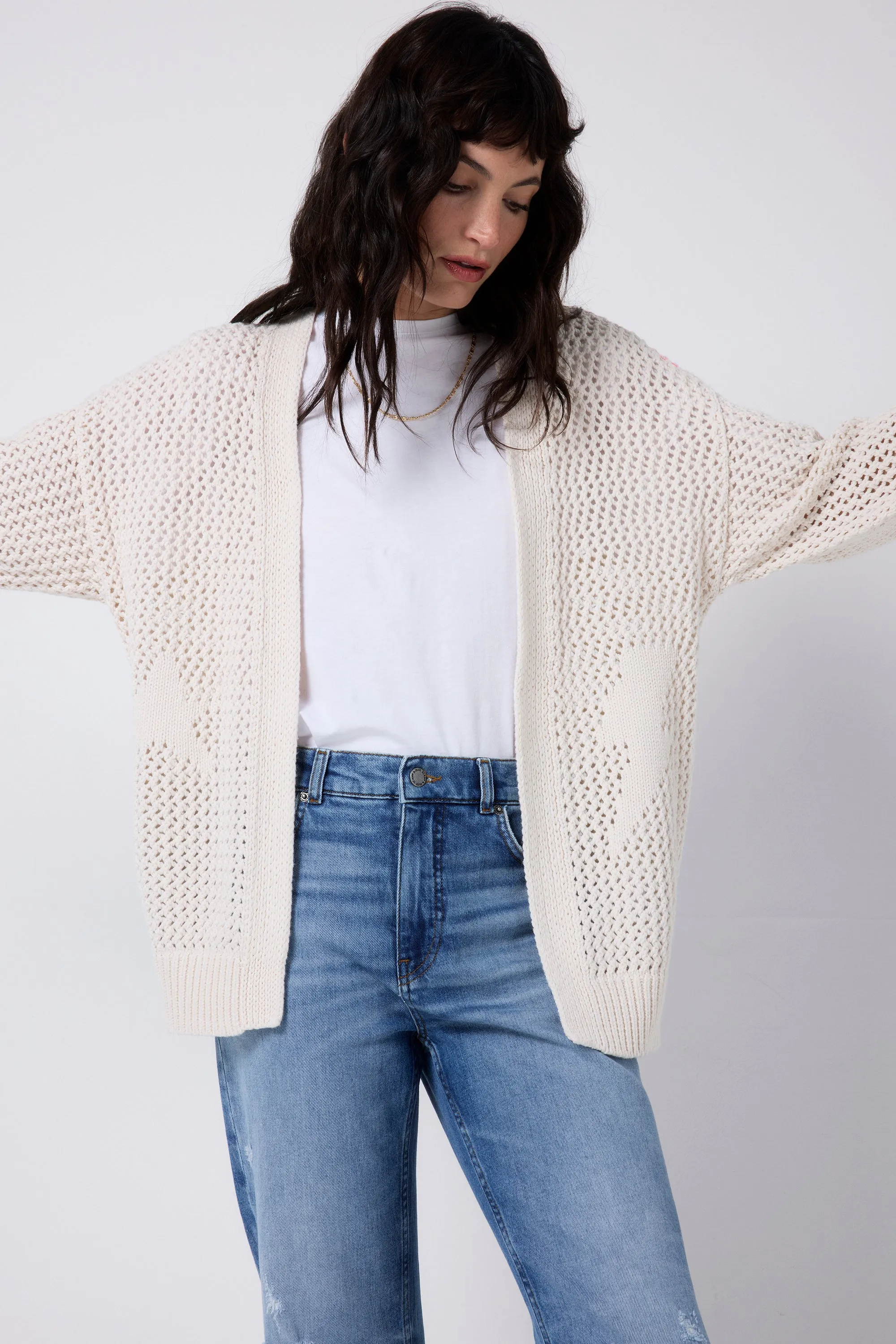 Knit Reinforced Edges Cream Star and Lightning Bolt Knitted Crochet Cardigan