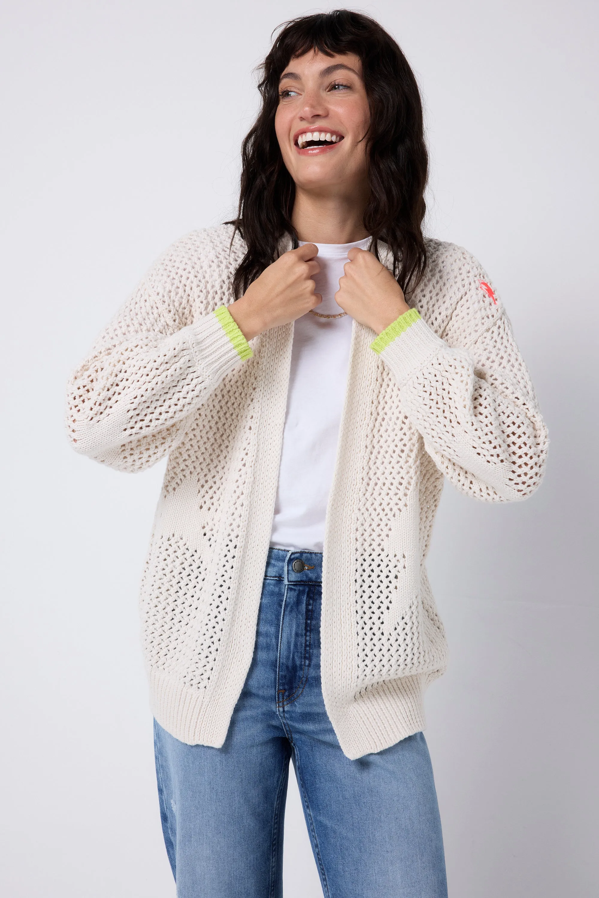 Cream Star and Lightning Bolt Knitted Crochet Cardigan TemperatureRegulating Yarn Indoor Layer