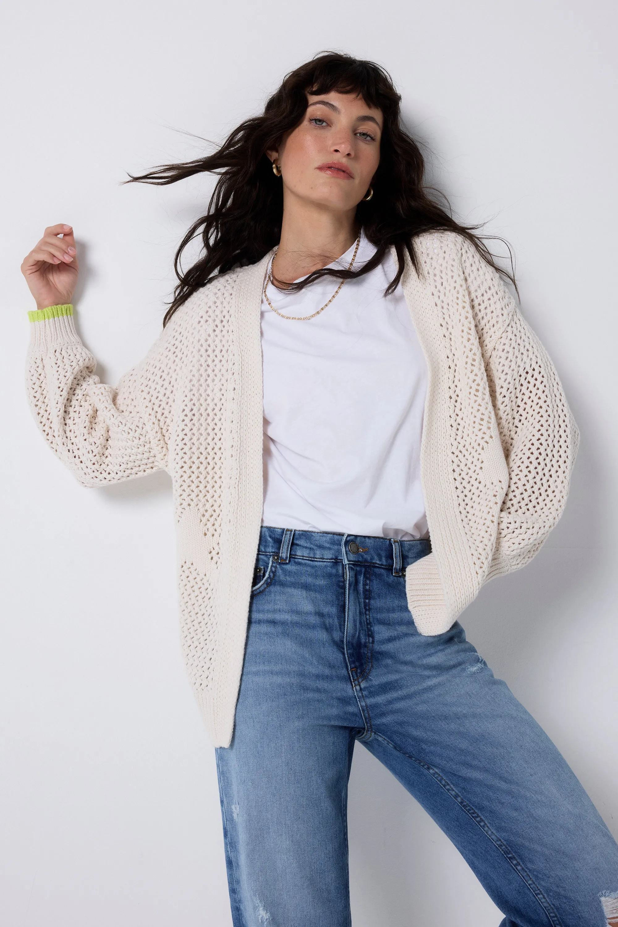 Simple Layered Colorfast Clothing Cream Star and Lightning Bolt Knitted Crochet Cardigan