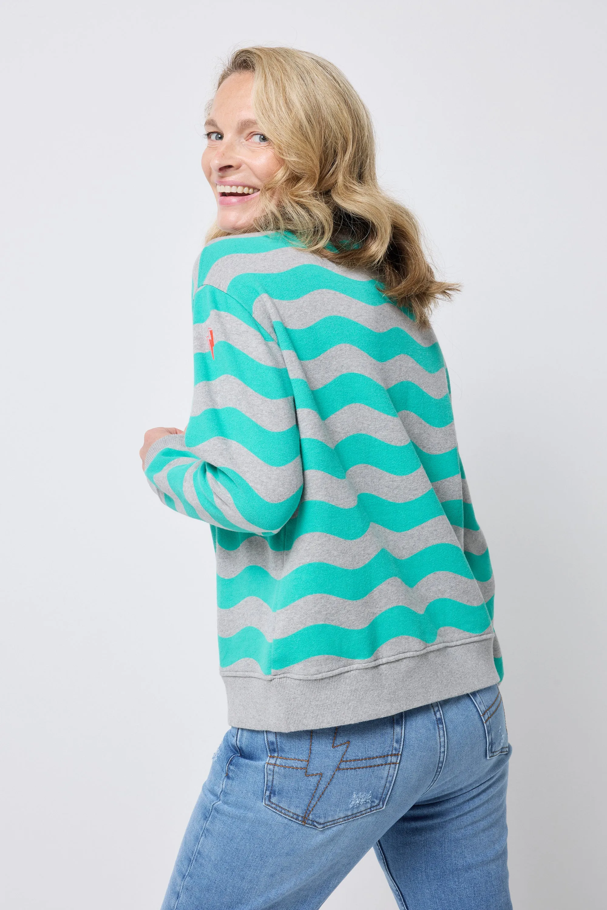 Light Grey with Green Wave Stripe Oversized Sweatshirt Lounge Style product handmade uniqueness