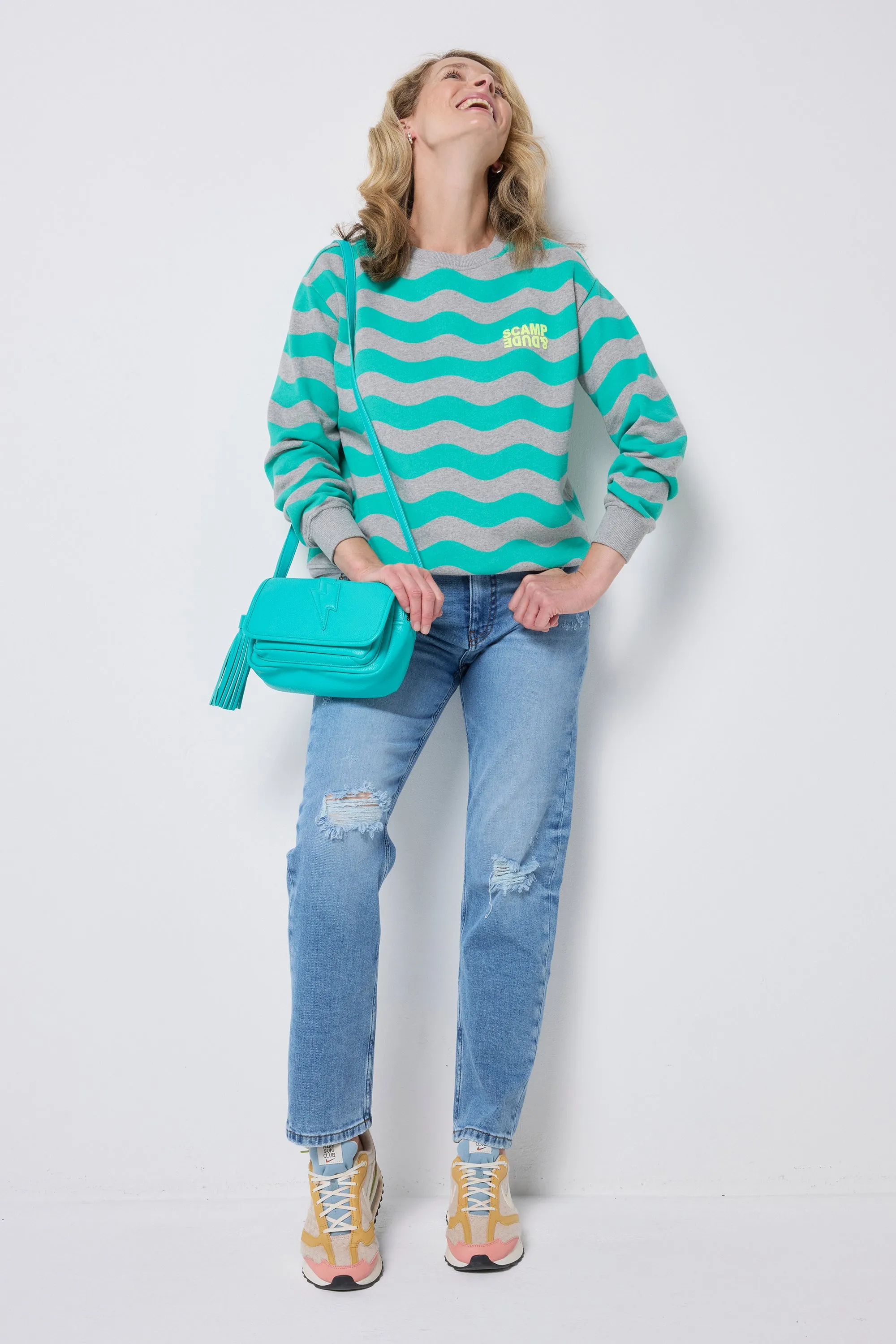 Light Grey with Green Wave Stripe Oversized Sweatshirt Stylish