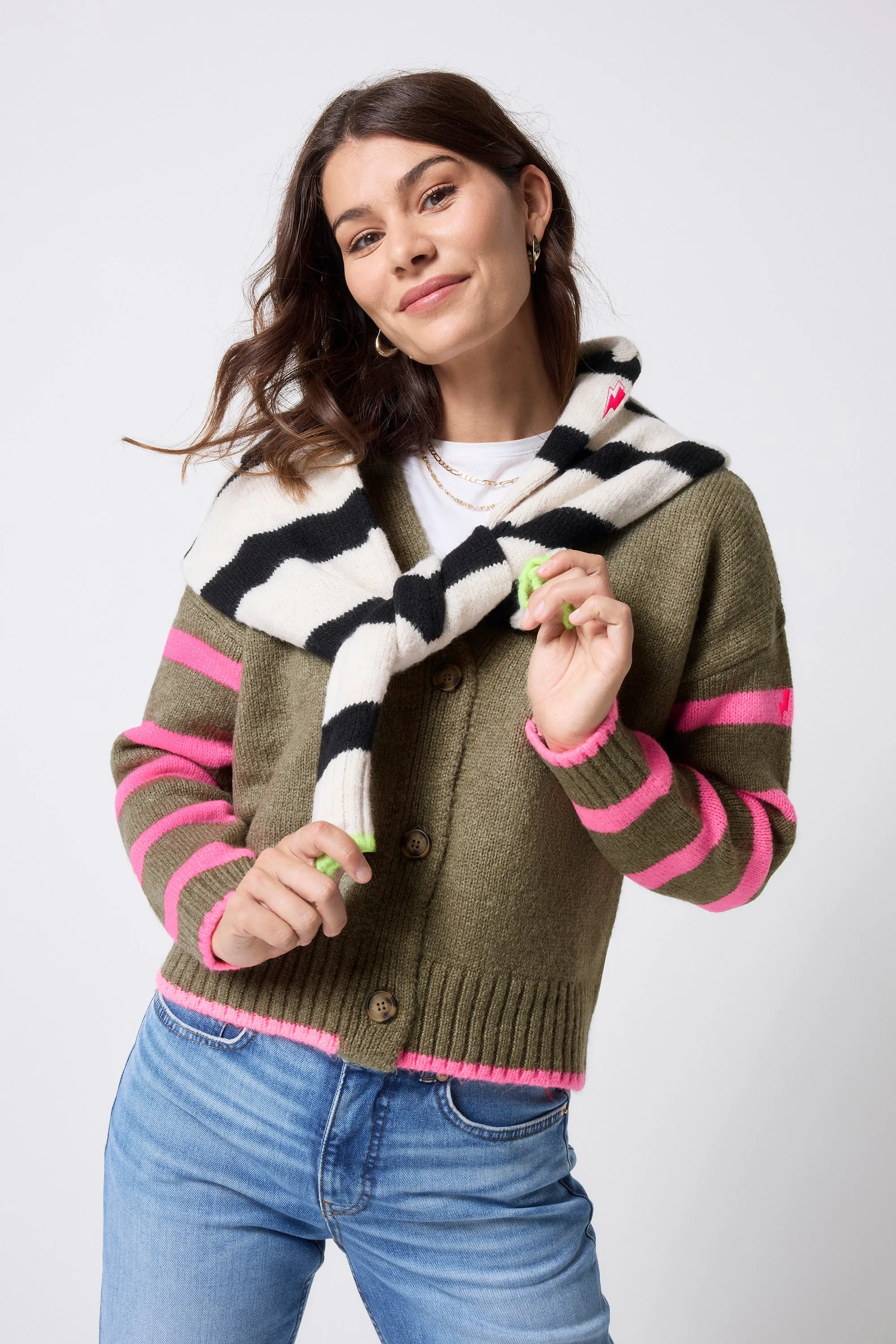 Khaki and Pink Stripe Cardigan Gentle Stretch Waistband
