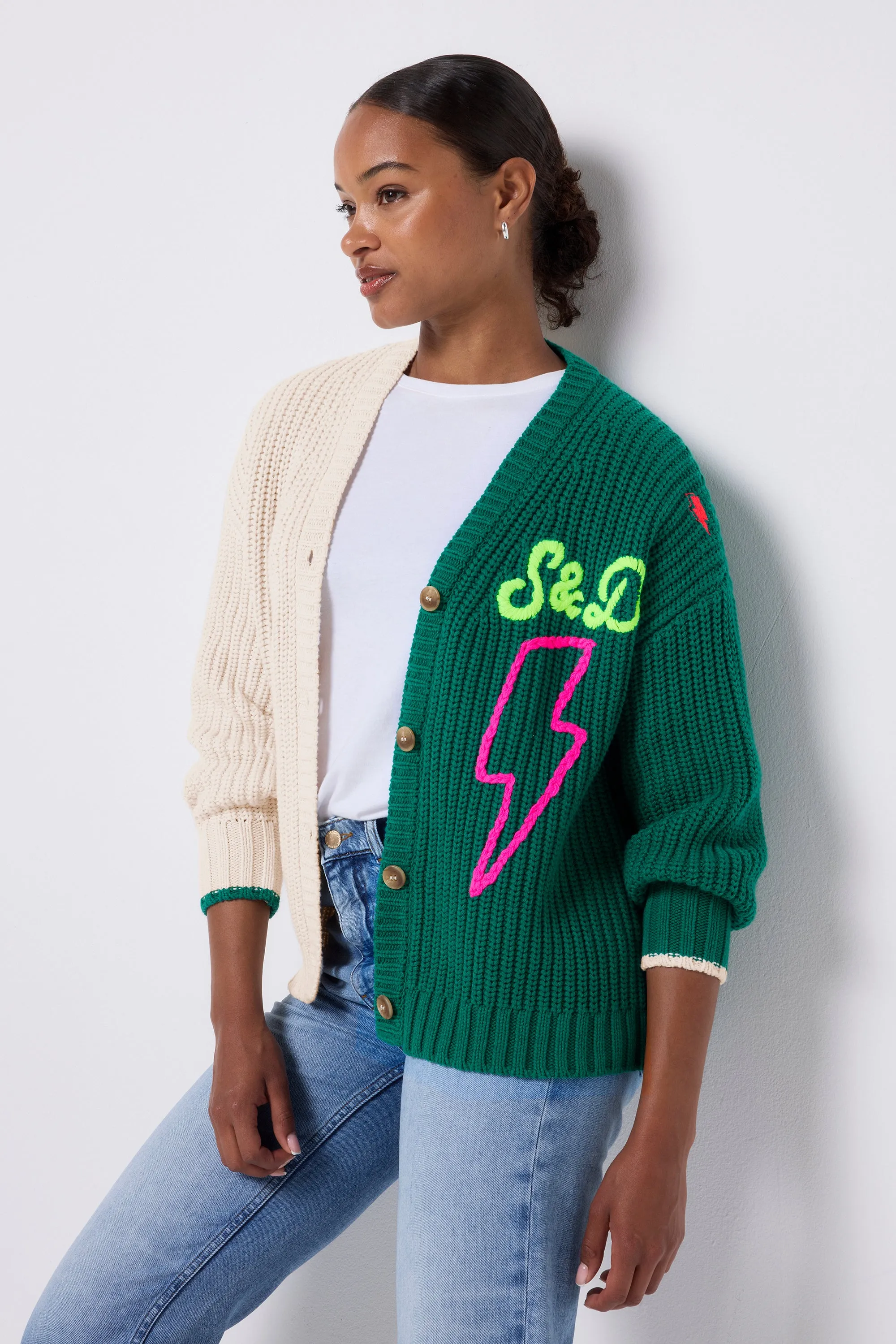 SheerWeight Knit Cream and Green Colour Block Lofty Cardigan