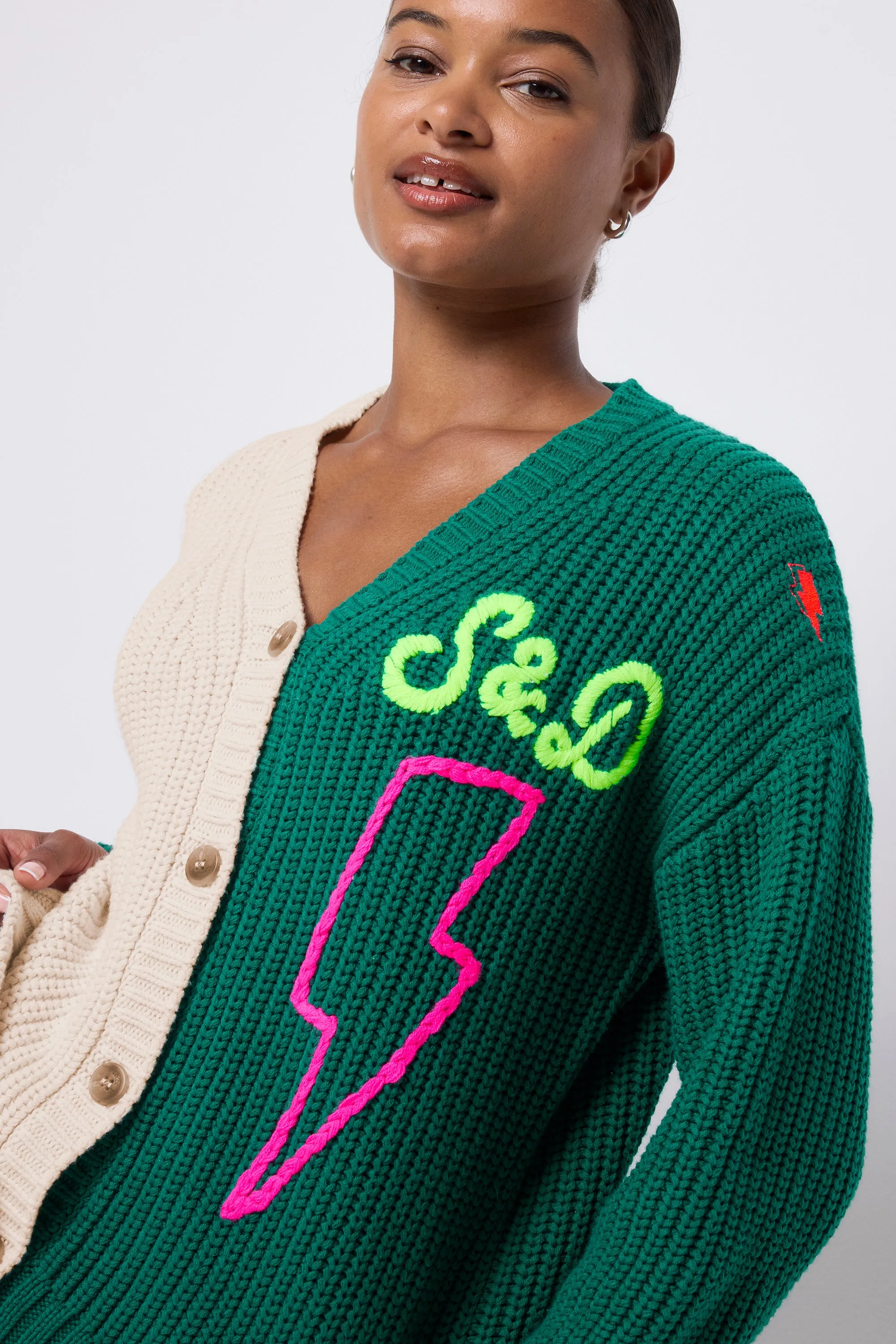 Gentle Fabric Cream and Green Colour Block Lofty Cardigan