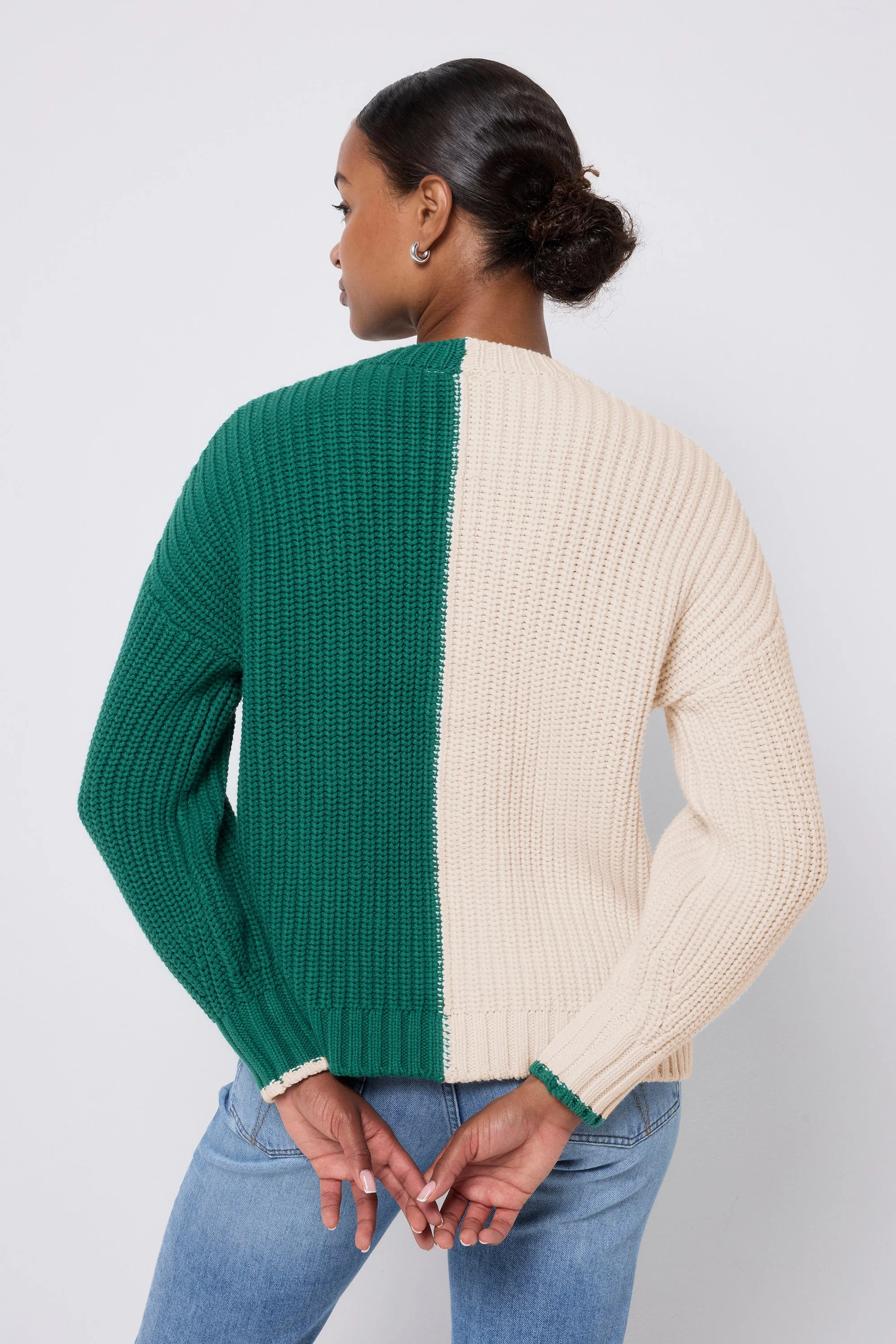 City Comforted Cream and Green Colour Block Lofty Cardigan