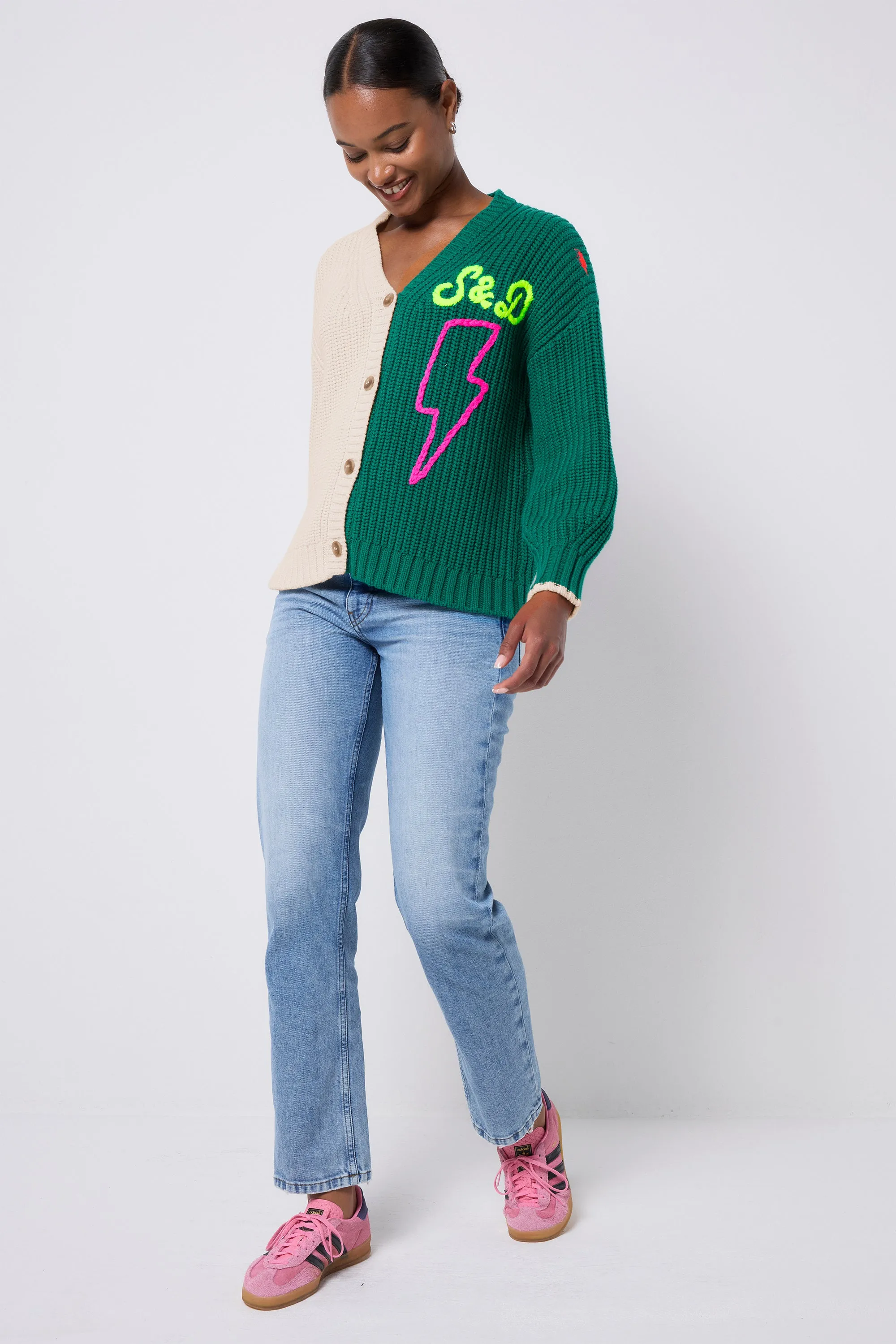 Cream and Green Colour Block Lofty Cardigan Cozy Moments Travel Essential