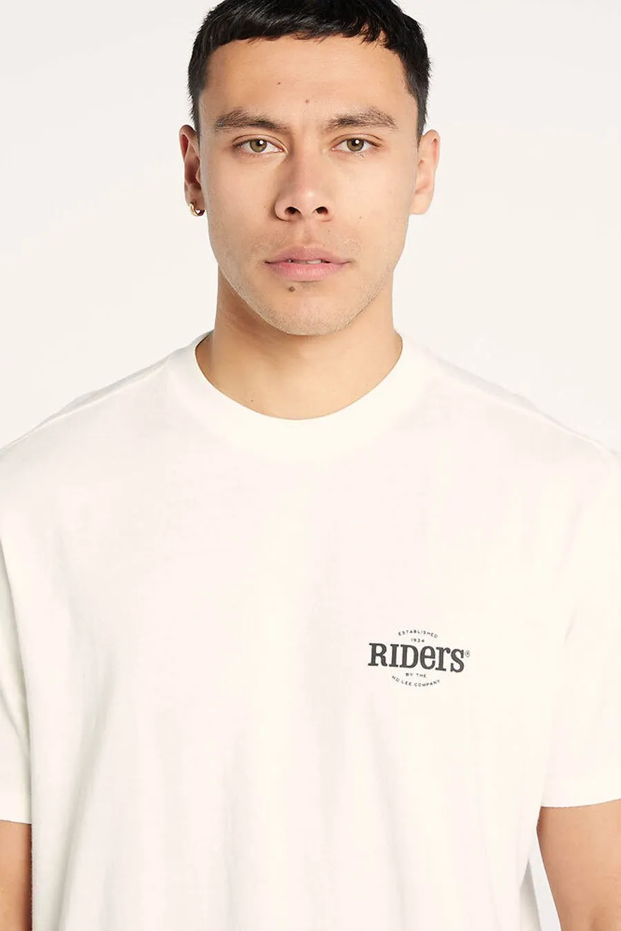 Reflective Trim Tubular Body Construction Riders EST 1934 Tee Vintage White