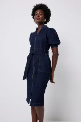 Lounge Style Rinse Wash Zip Detail Denim Dress