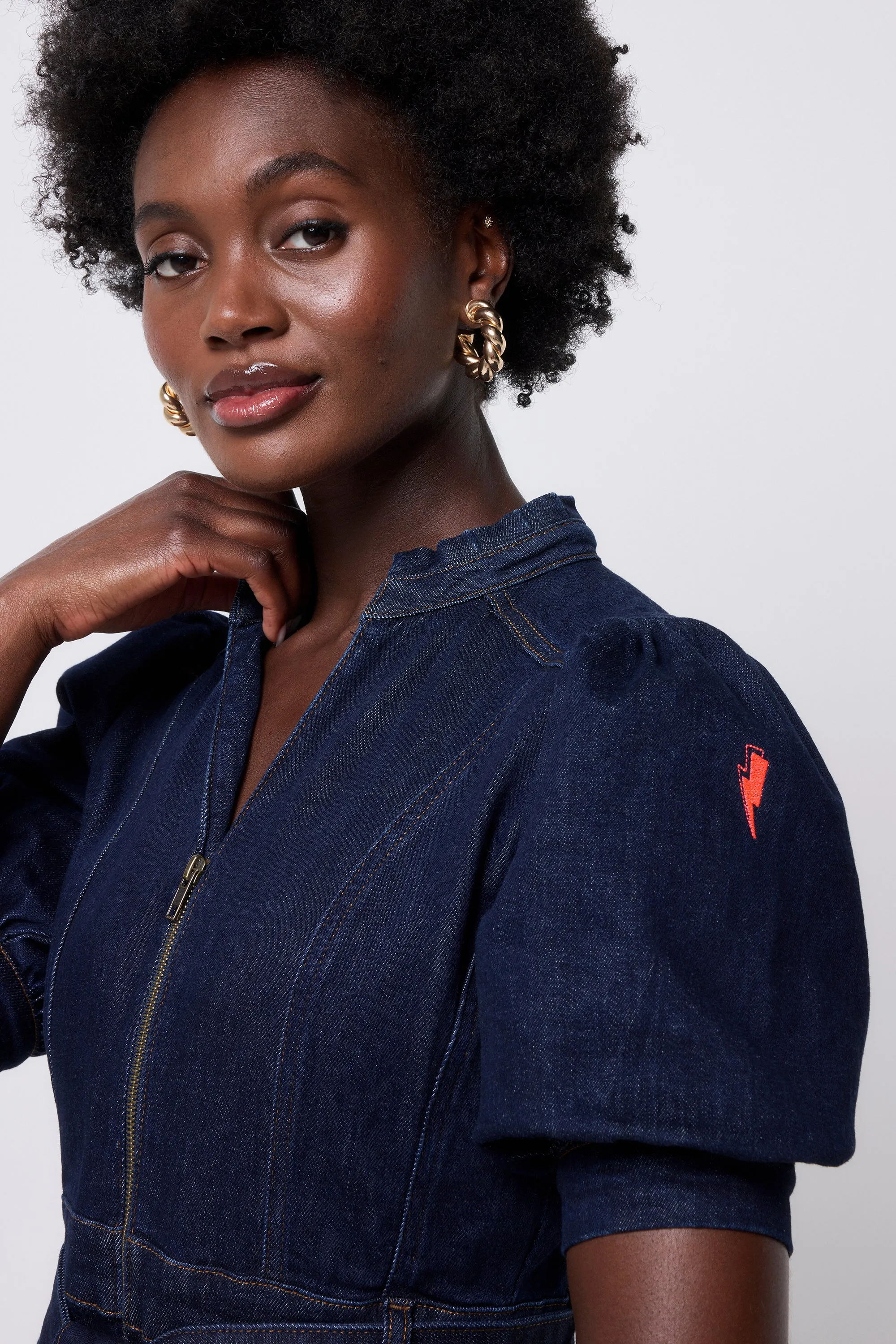 Seasonal Layering Rinse Wash Zip Detail Denim Dress