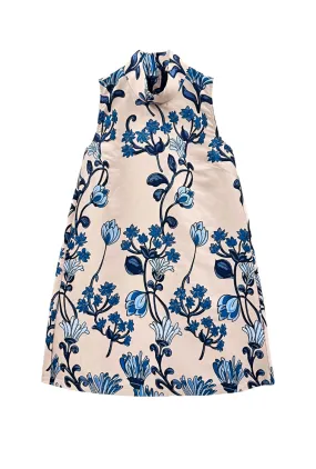 Sleeveless Mod Dress - Blue Floral Jacquard Belted-Style Summer Wardrobe