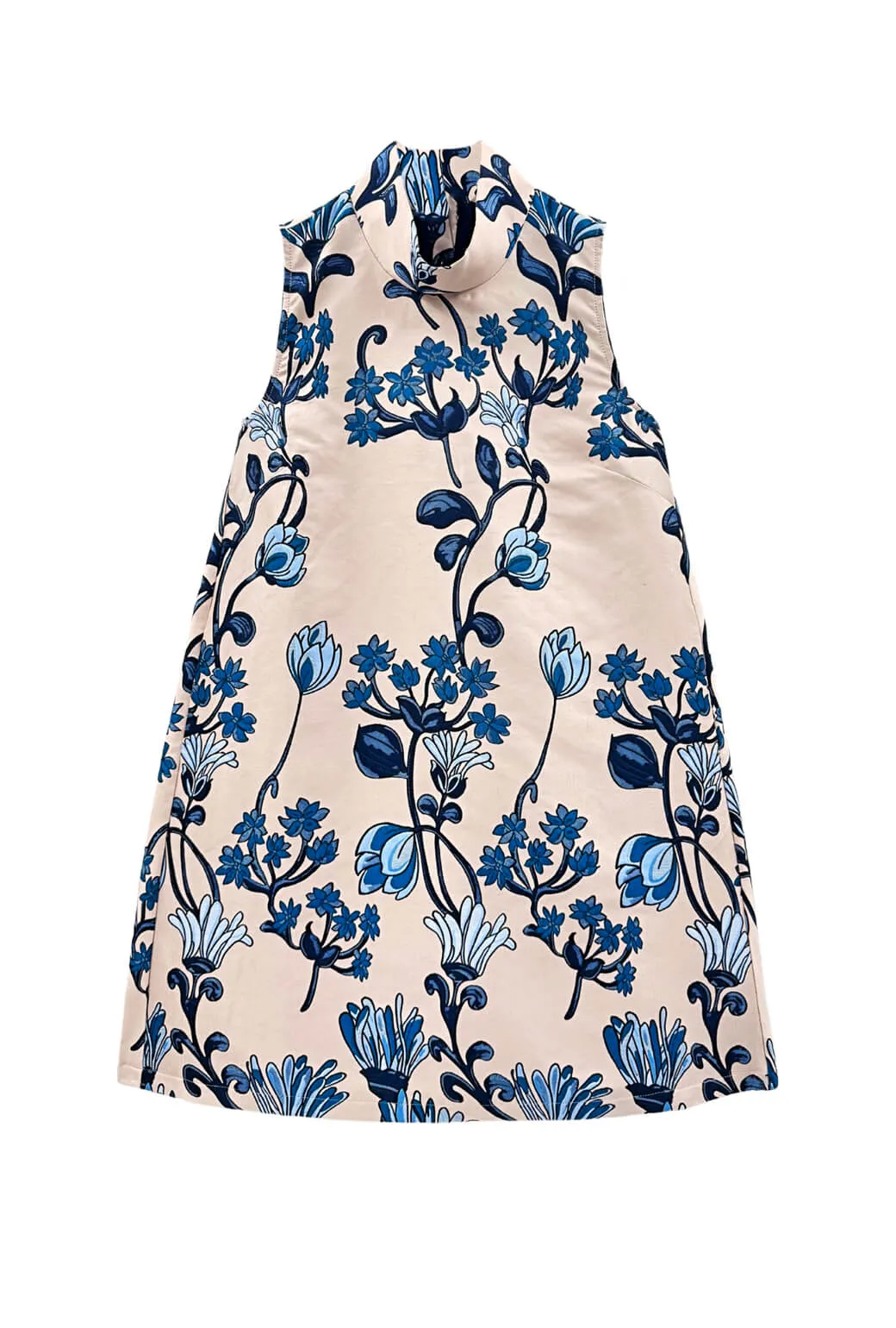 Sleeveless Mod Dress - Blue Floral Jacquard Belted-Style Summer Wardrobe