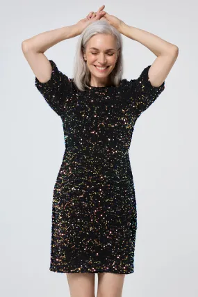 Rainbow Sequin Puff Sleeve Short Dress Charming Style Easy Lovely