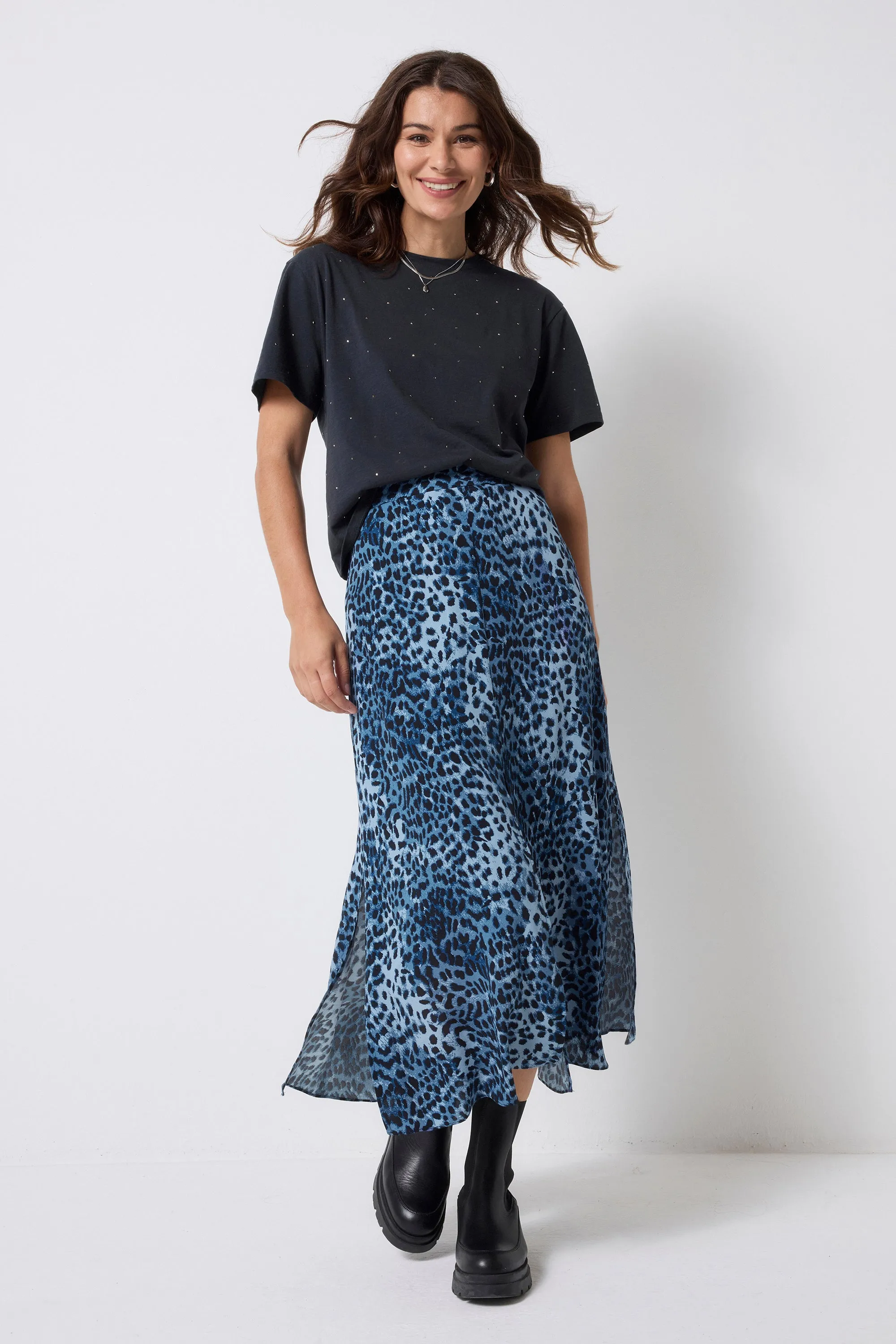Asymmetrical Cut Crisp Look COMING SOON: Navy Cheetah Midi Skirt