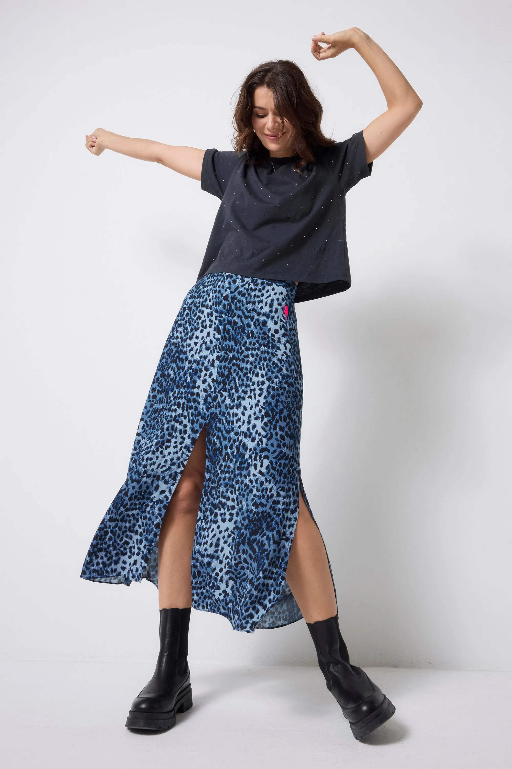 COMING SOON: Navy Cheetah Midi Skirt Ombre effect Mood Dressing