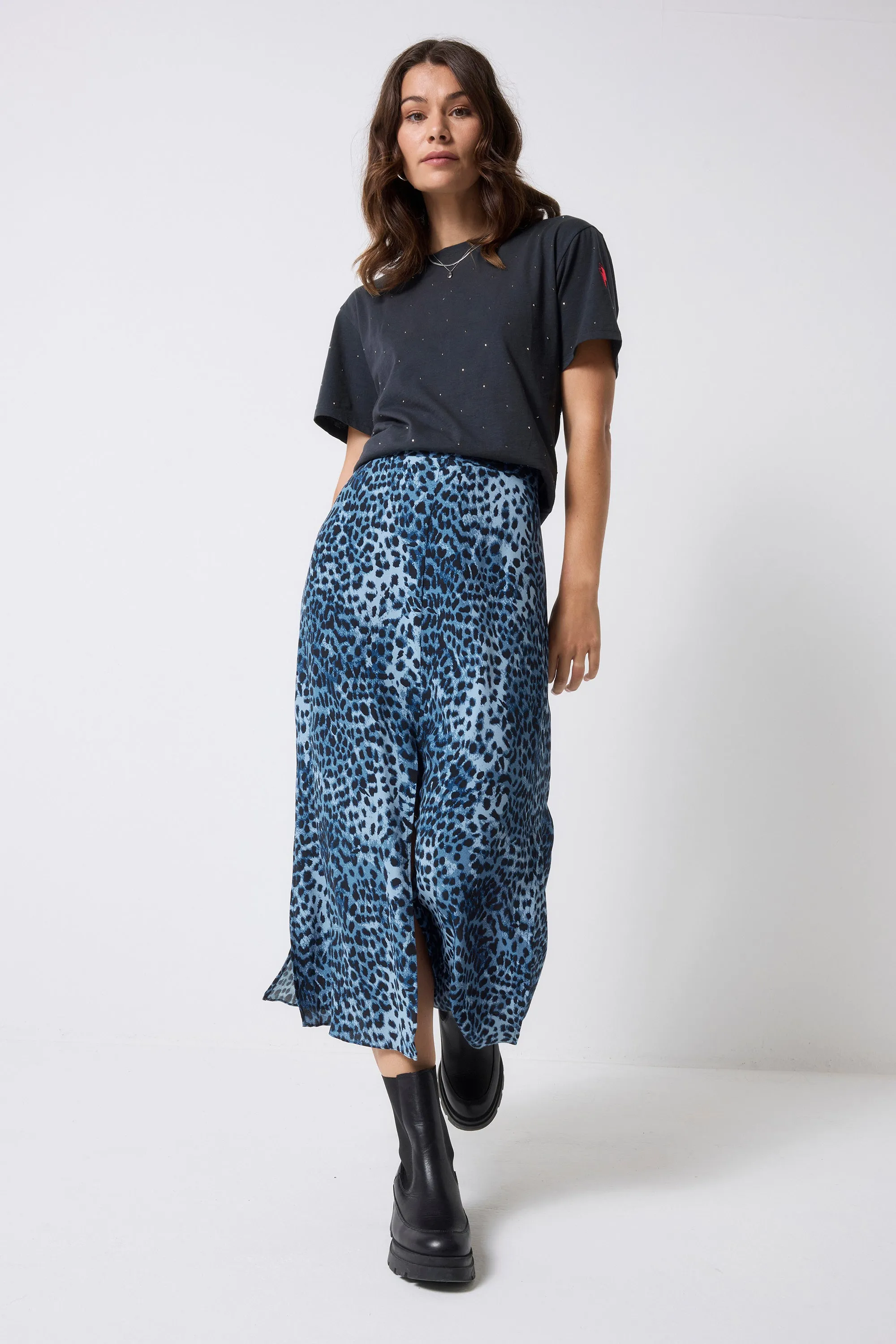 Odor Resistant Treatment COMING SOON: Navy Cheetah Midi Skirt