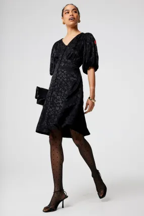 Soft Tones Black Jacquard Leopard Puff Sleeve Short Tea Dress