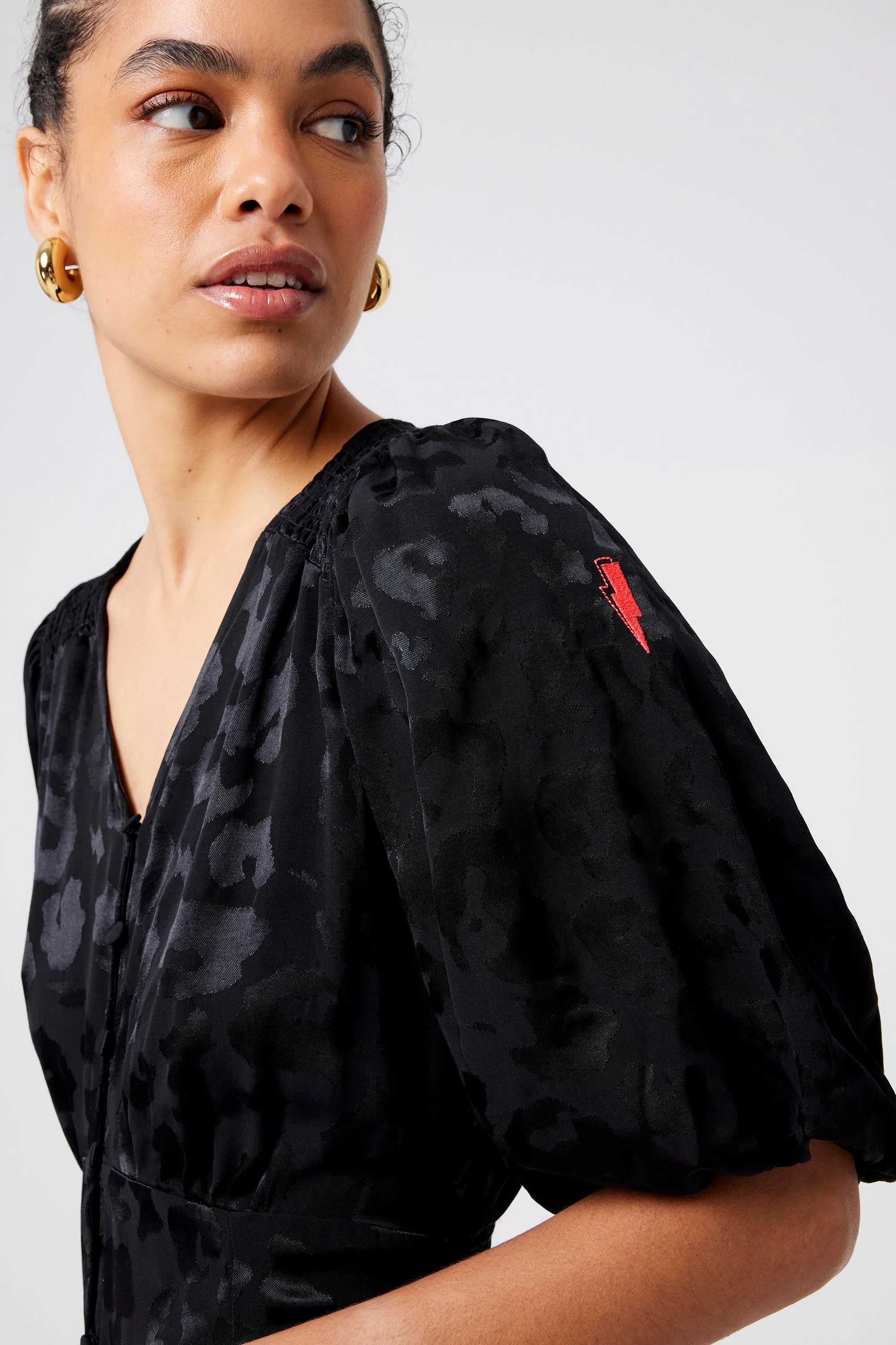 Front-Zip Pastel Sky Black Jacquard Leopard Puff Sleeve Short Tea Dress