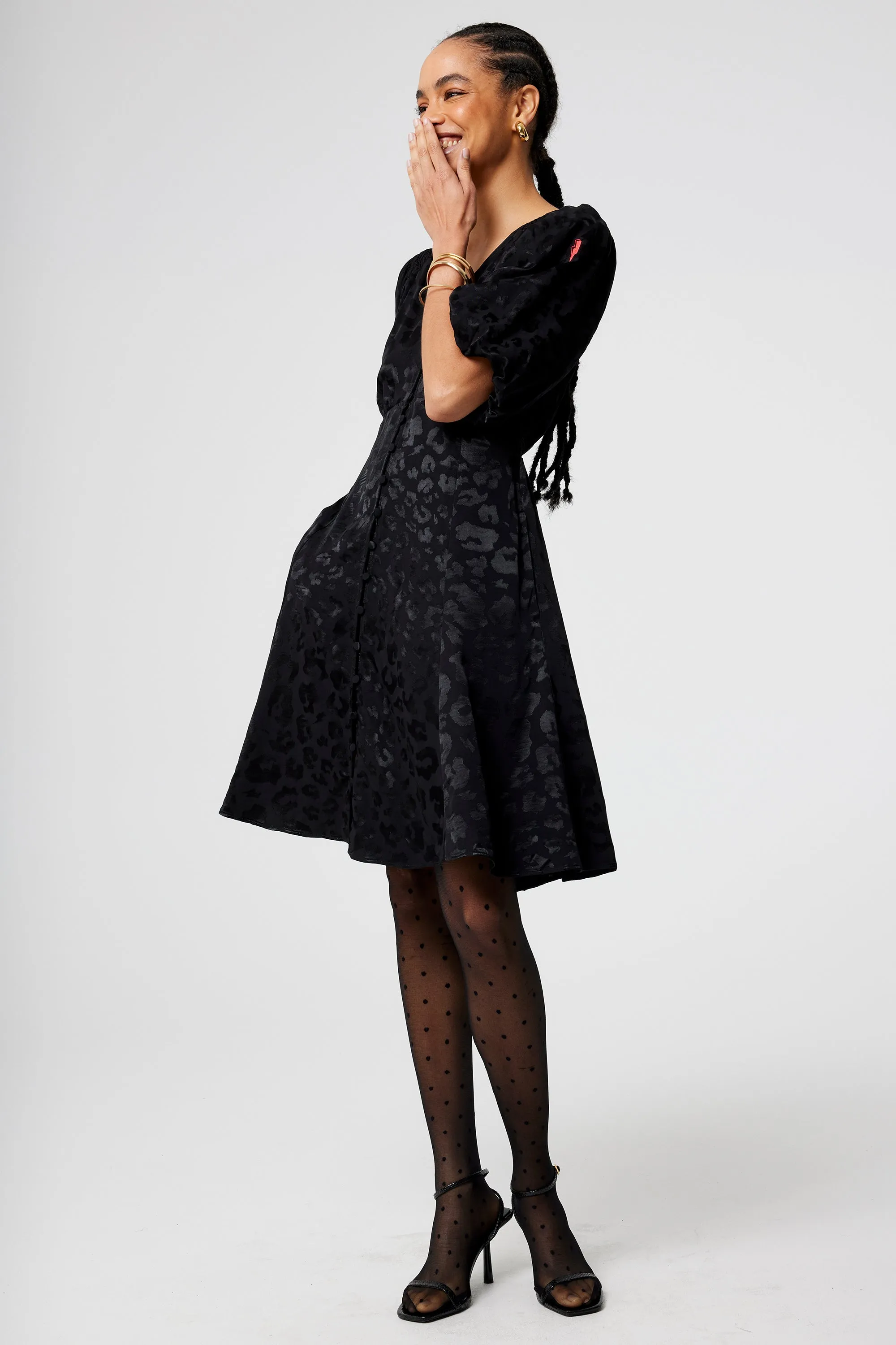Black Jacquard Leopard Puff Sleeve Short Tea Dress Perfect Fit Must Have