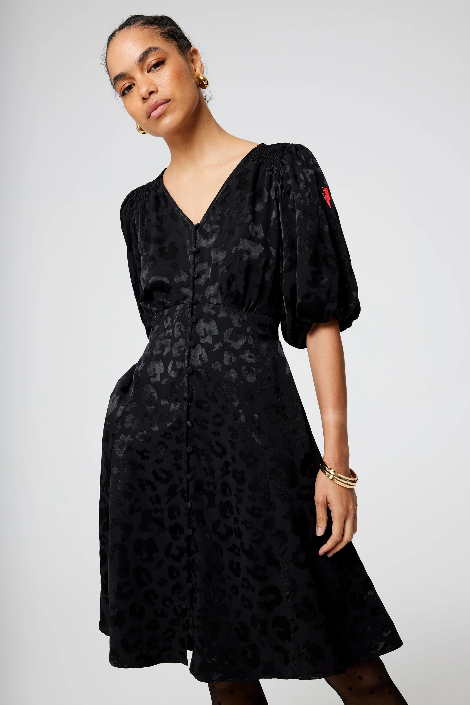 Black Jacquard Leopard Puff Sleeve Short Tea Dress Resort Vibes