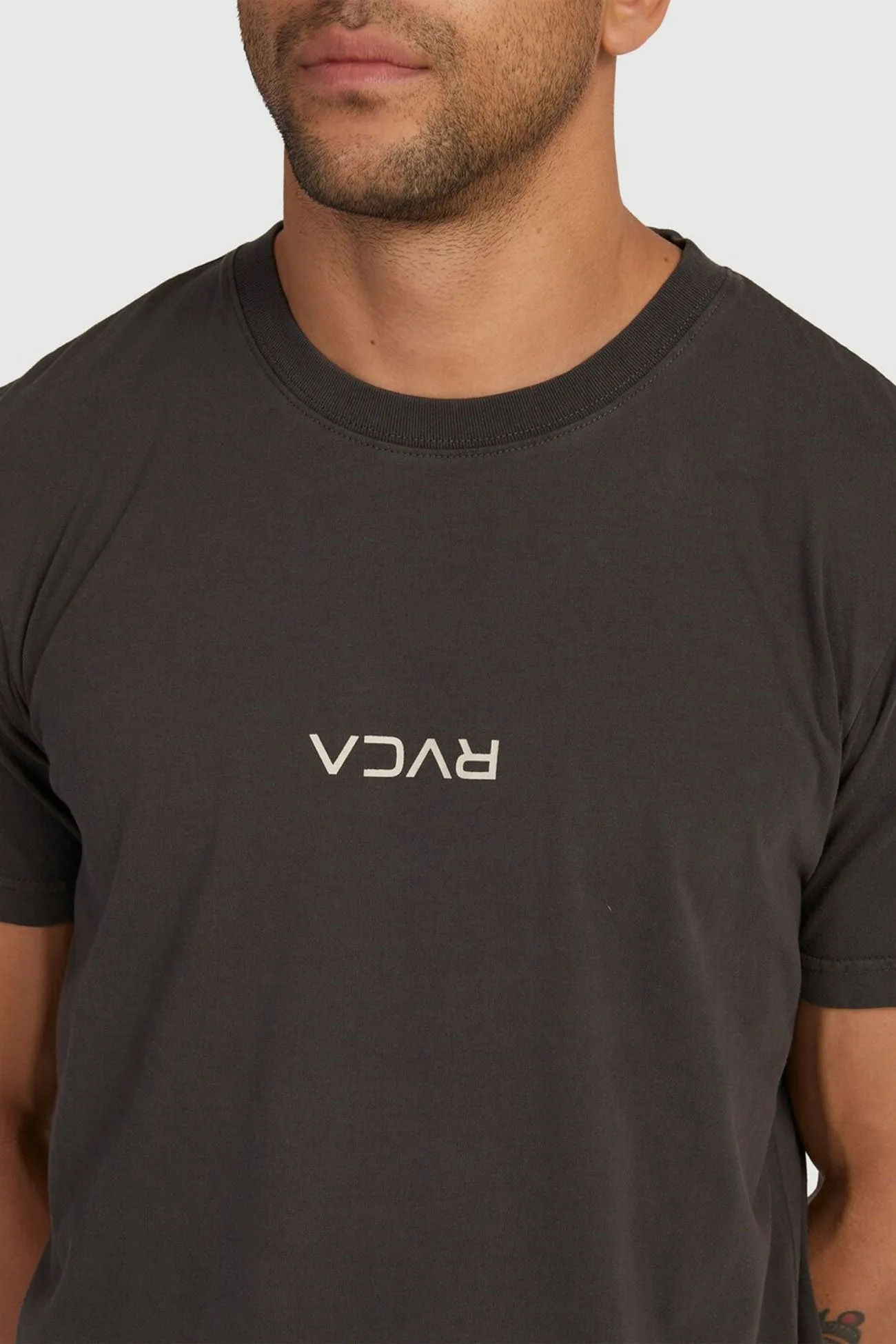 RVCA Mini Flipped Short Sleeve Tee Washed Black Reinforced Buttonholes Reflective Trim Details