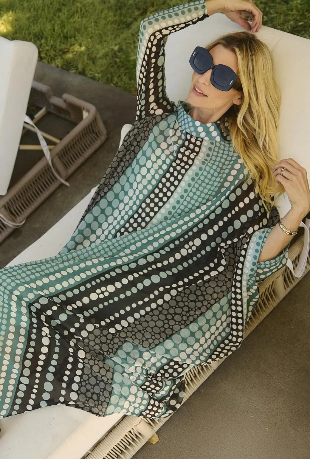 Palm Canyon Kaftan - Aqua & Black Dot Ruffle Detail