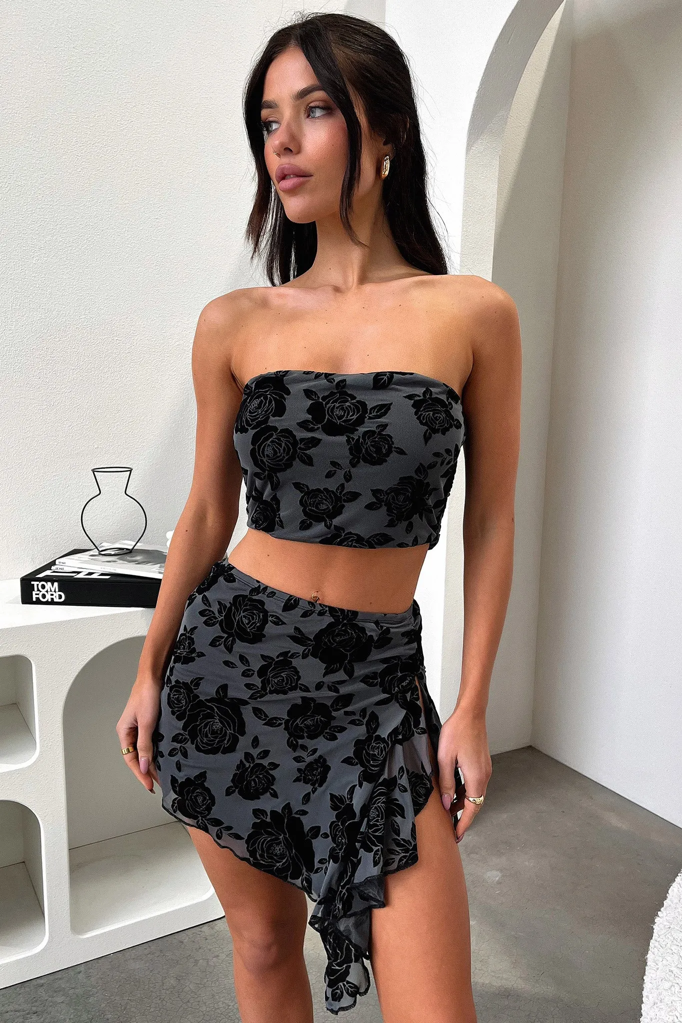 Savian Skirt - Black Floral raw hem Sleek Detail