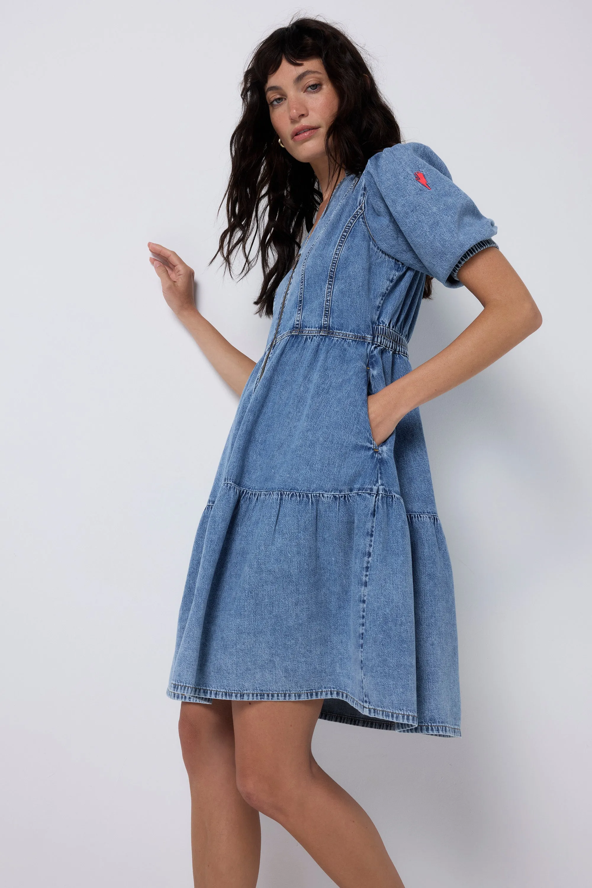 Pale Indigo Zip Detail Tiered Short Denim Dress Weekend Fresh Elegant Mood