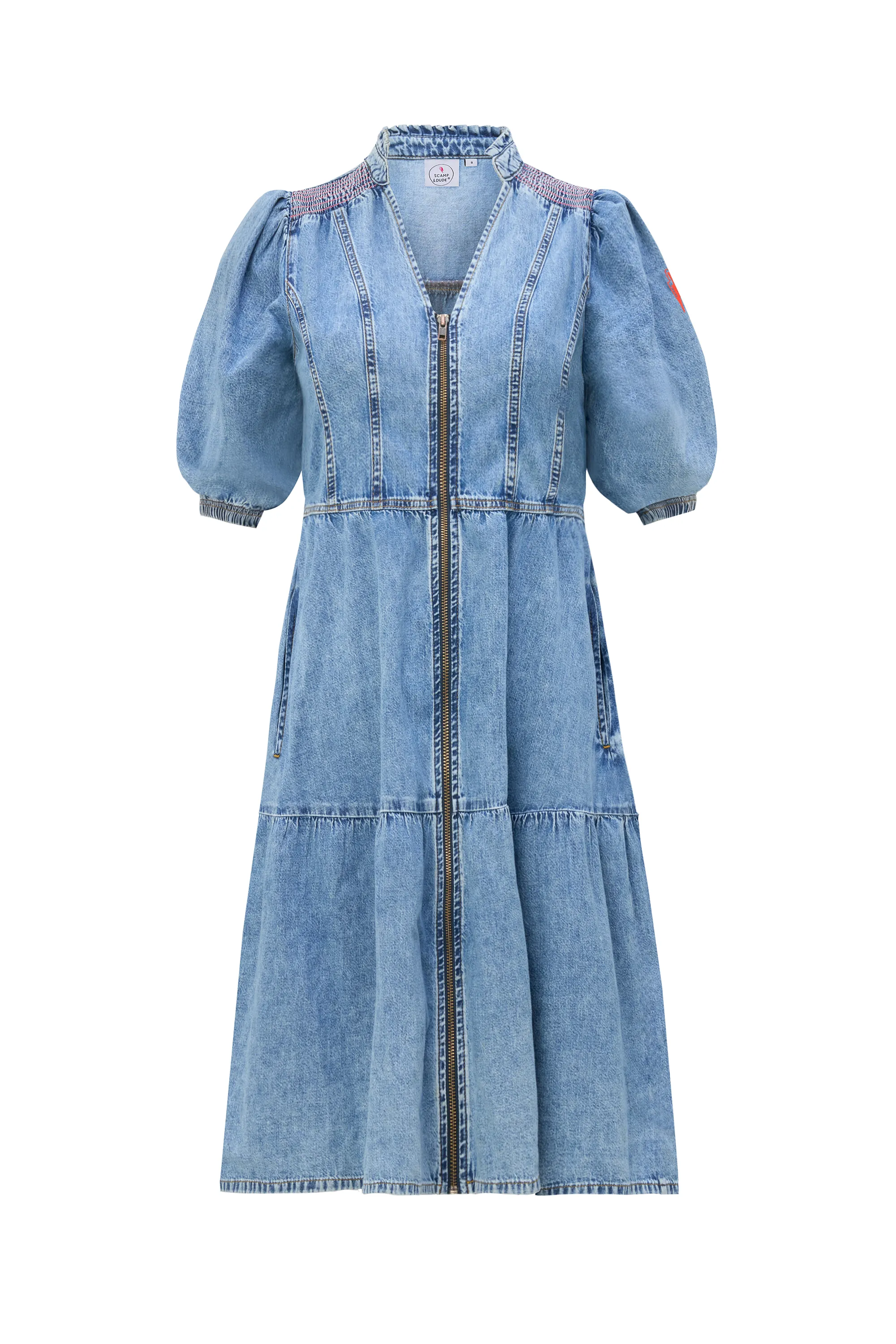 Pale Indigo Zip Detail Tiered Short Denim Dress Back-Zip