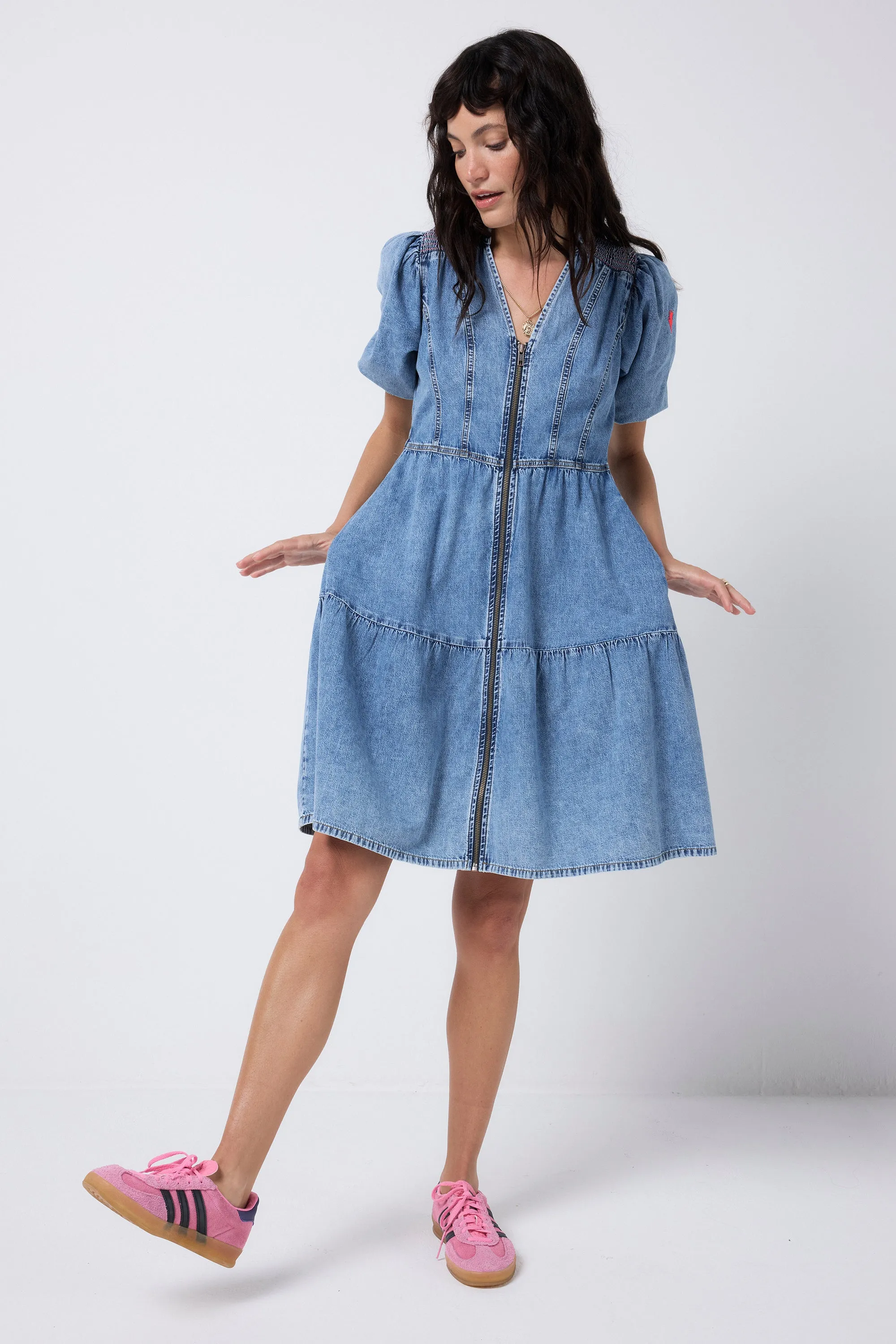 breathable fabric dress Pale Indigo Zip Detail Tiered Short Denim Dress