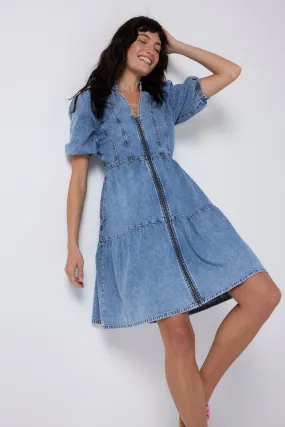 Pale Indigo Zip Detail Tiered Short Denim Dress Sophisticated Waist Fit Rooftop-Event