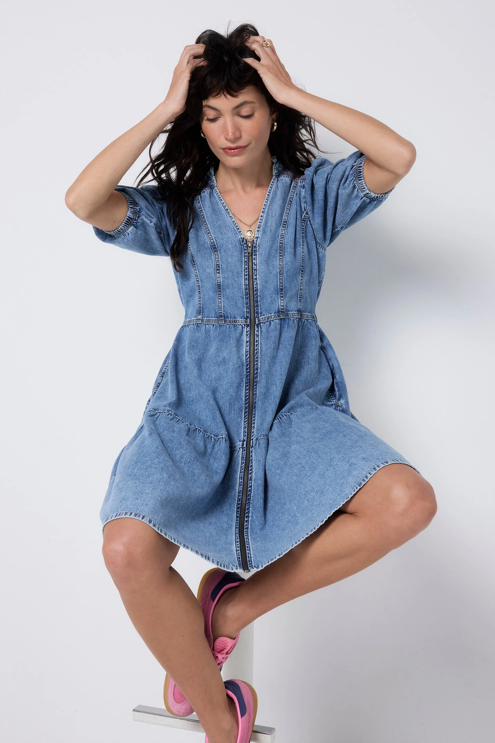 Pale Indigo Zip Detail Tiered Short Denim Dress Fashionable Comfort Wear