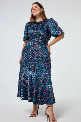 Teal with Rainbow Shadow Leopard Puff Sleeve Midi Dress Flattering and Chic Chill Style