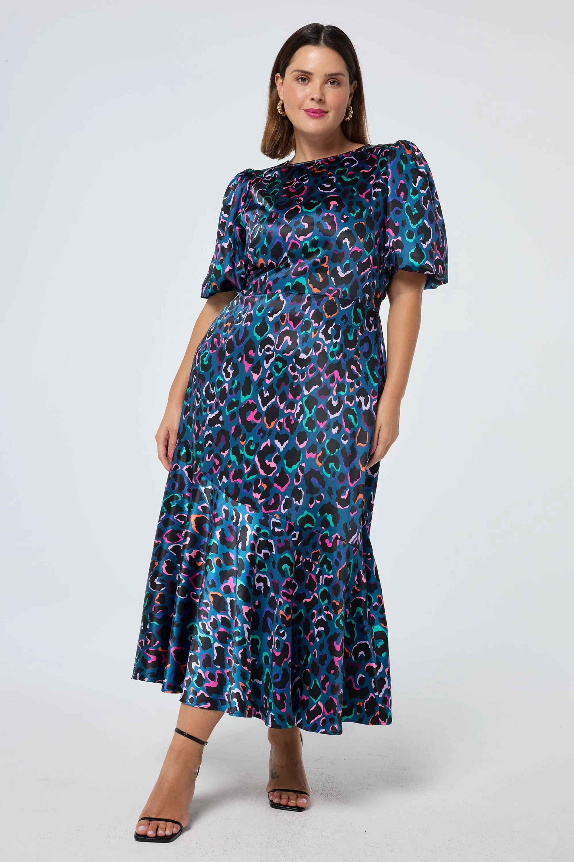 Timeless Design Teal with Rainbow Shadow Leopard Puff Sleeve Midi Dress