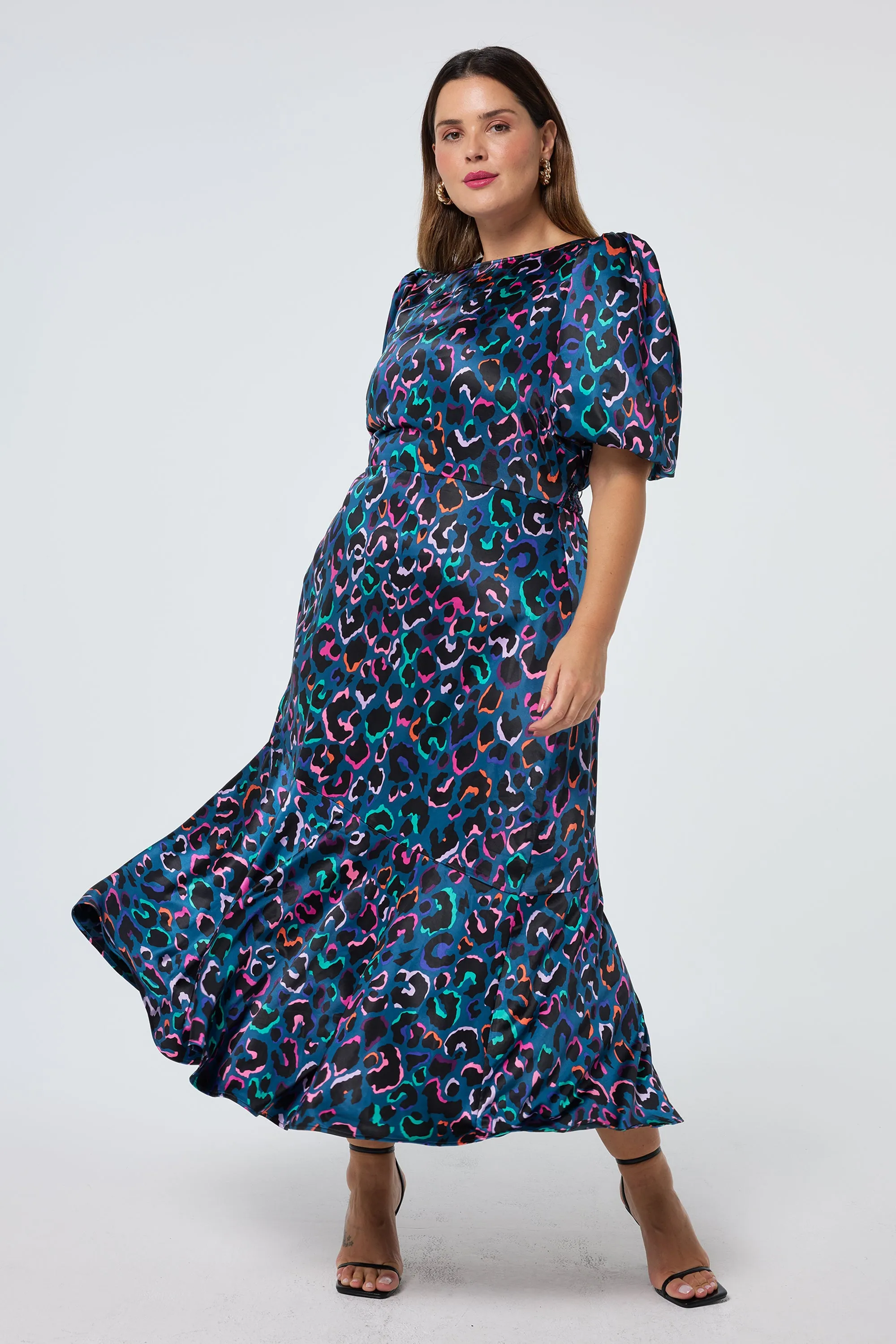 Teal with Rainbow Shadow Leopard Puff Sleeve Midi Dress Timeless Layer