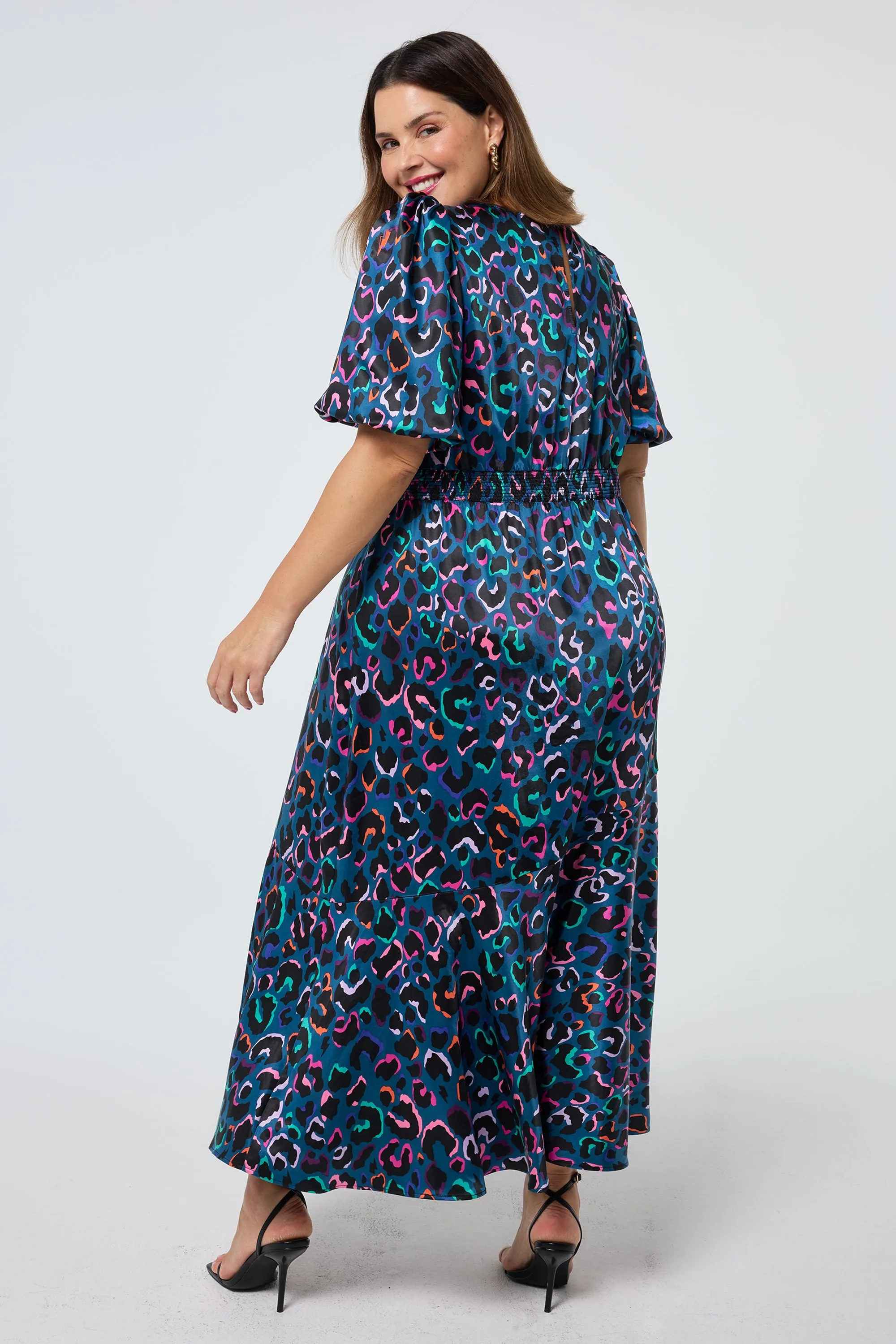 Teal with Rainbow Shadow Leopard Puff Sleeve Midi Dress Versatile party outfit Color Glow