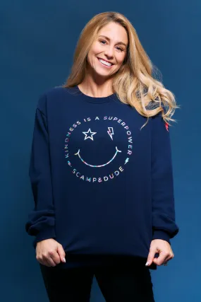 product couple intimacy Scamp & Dude x Style For Stroke Navy with Rainbow Foil Smiley Face Charity Oversized Sweatshirt