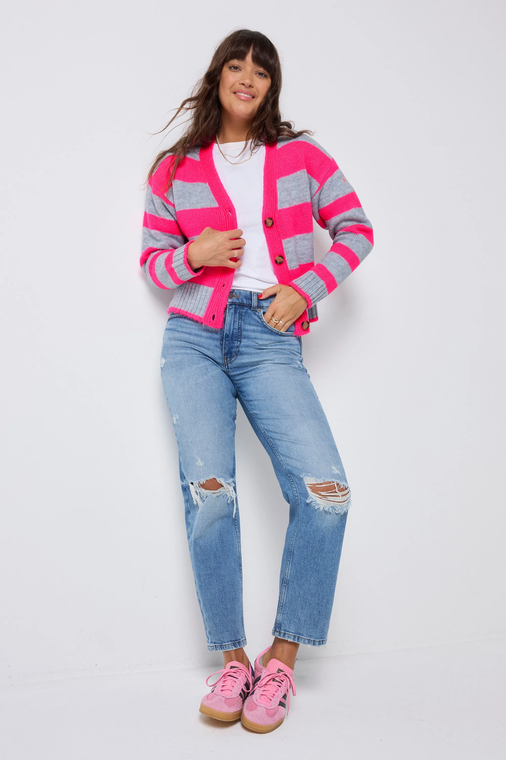 Grey with Neon Pink Bold Stripe Cardigan Leisure Look Biodegradable Fiber
