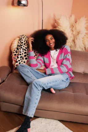windy days Brushed Inner Layer Grey with Neon Pink Bold Stripe Cardigan