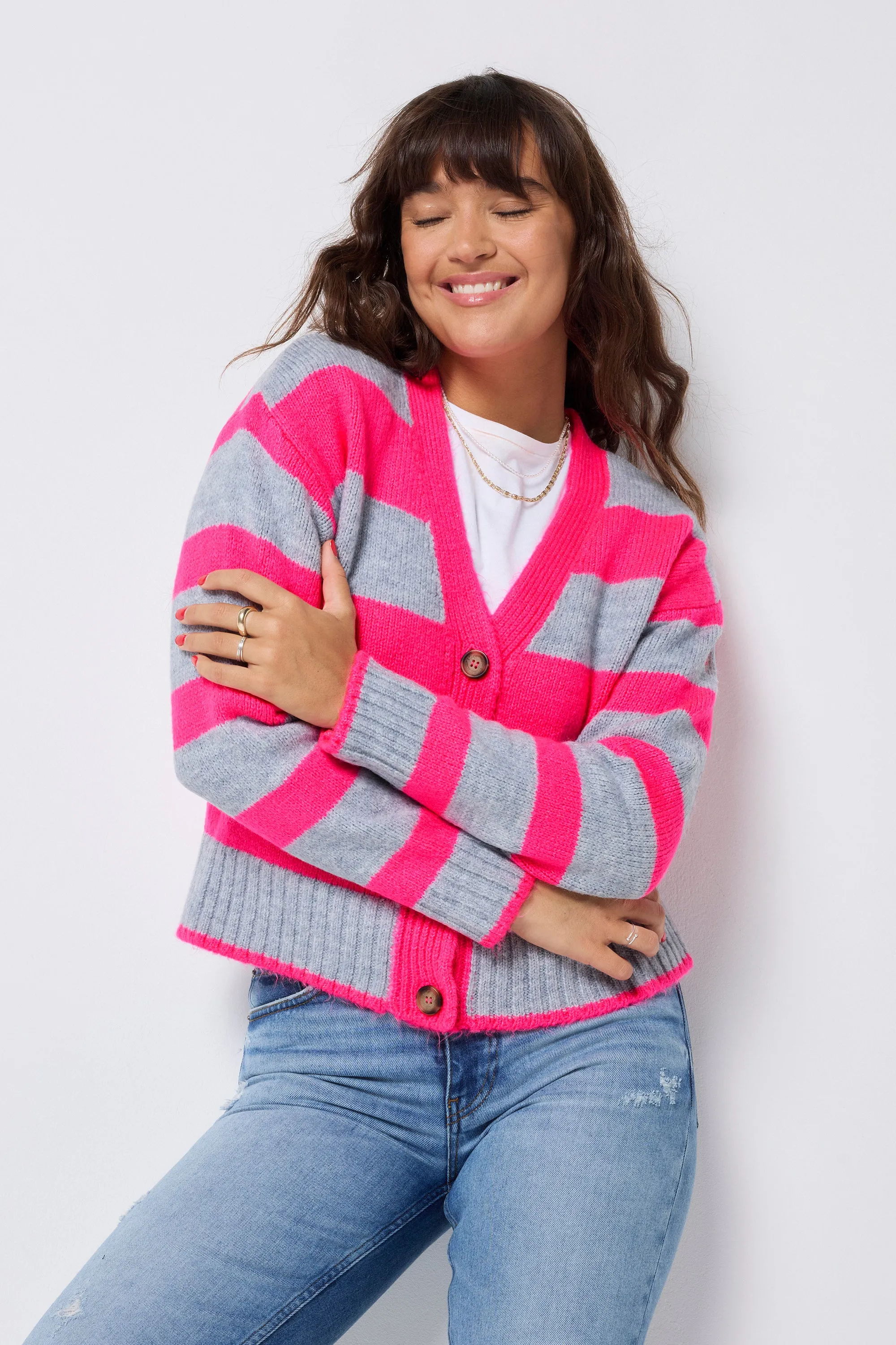 Grey with Neon Pink Bold Stripe Cardigan Layered Texture
