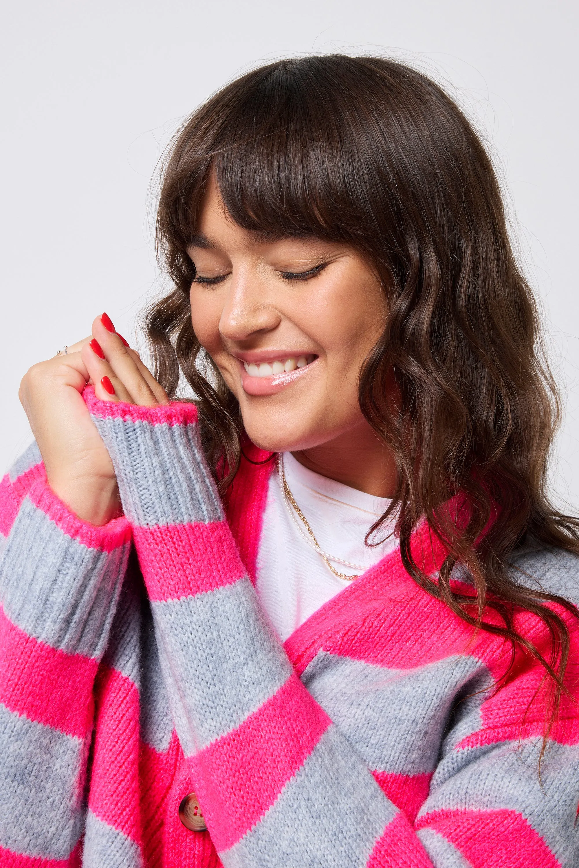 Natural Texture Grey with Neon Pink Bold Stripe Cardigan