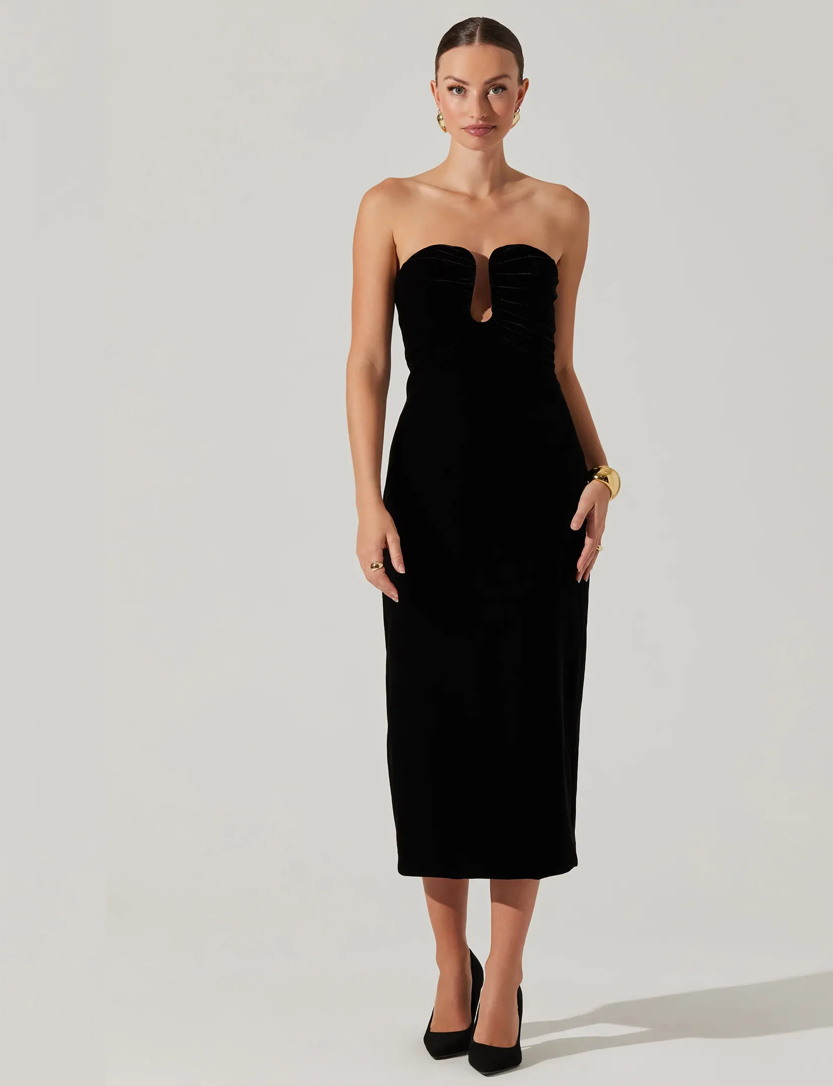 Arista Velvet Midi Dress, Black Red Carpet High Hemline