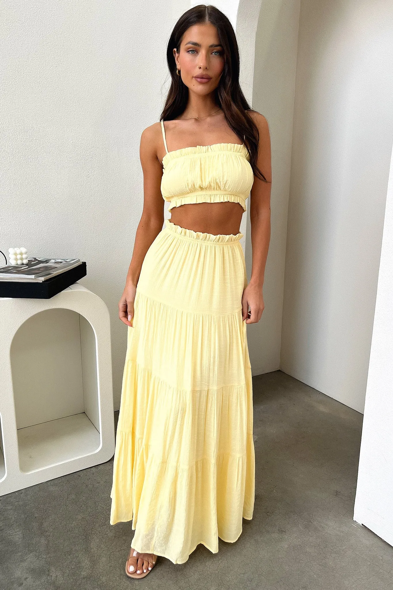 Selina Tiered Maxi Skirt - Yellow Crossback Strap Light Edge
