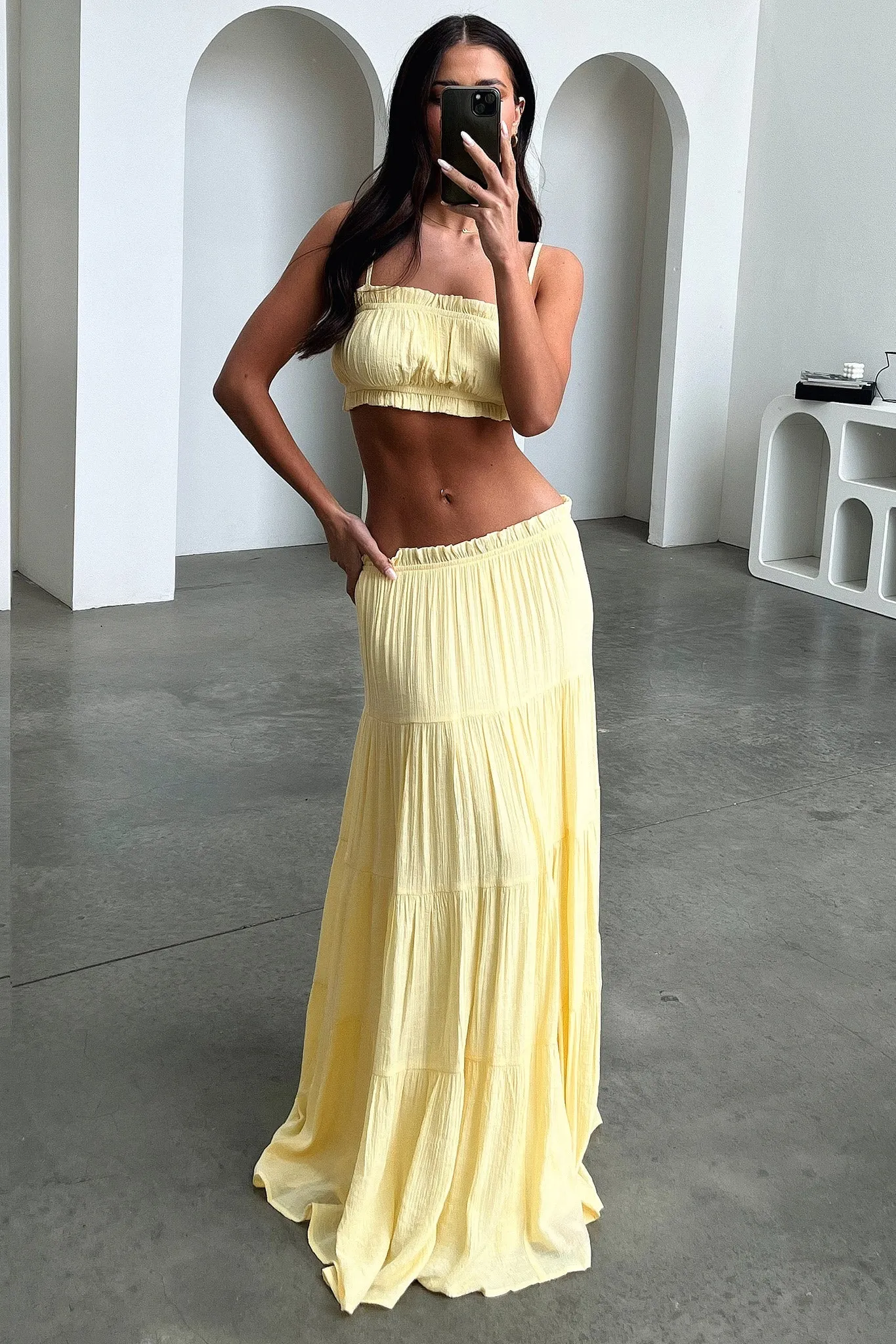 Selina Tiered Maxi Skirt - Yellow Cozy Vibes Hand Painted