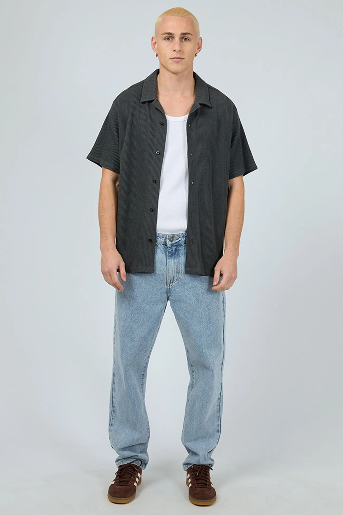 Session Waffle Short Sleeve Shirt Charcoal Shrinkage Prevention Treatment