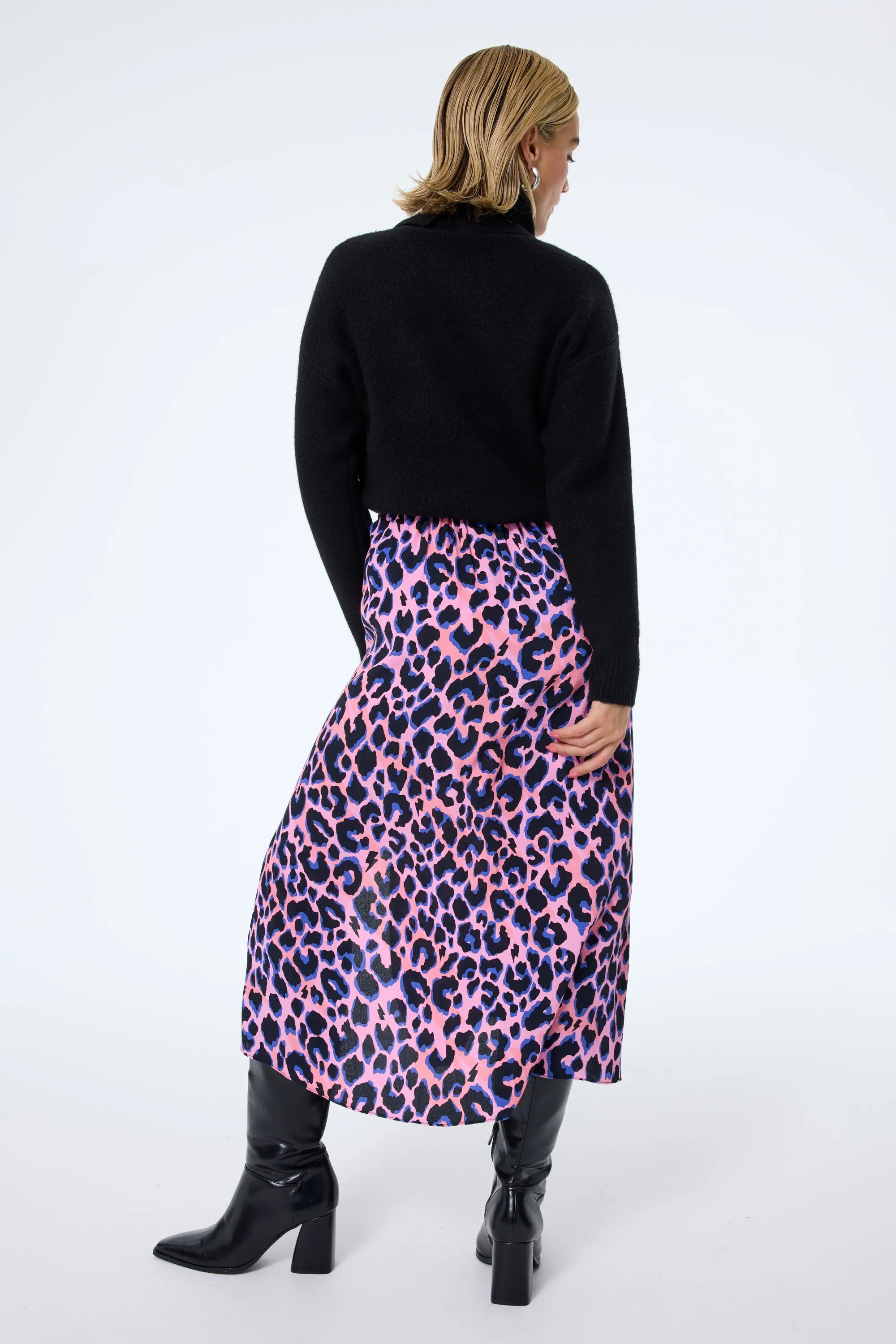 Quick Dry Technology Pink with Blue and Black Shadow Leopard Split Front Skirt