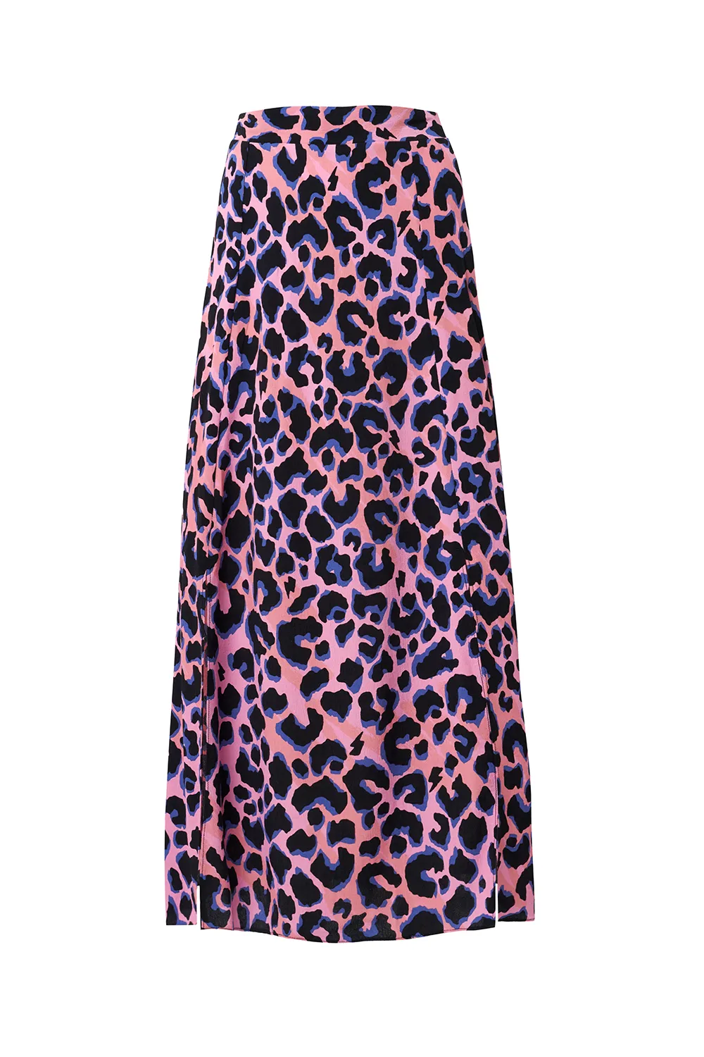 Button Details Pink with Blue and Black Shadow Leopard Split Front Skirt